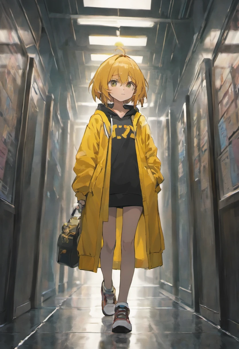 style of Undertale,Masterpiece,Best quality,offcial art,Extremely detailed Cg Unity 8K wallpaper,Night,Dark,comic strip,grin, human skeleton,Blue hoodie,Eyes in shadow,Hands in pockets,White slippers,No hair,A tear,Yellow corridor,Mild obesity,