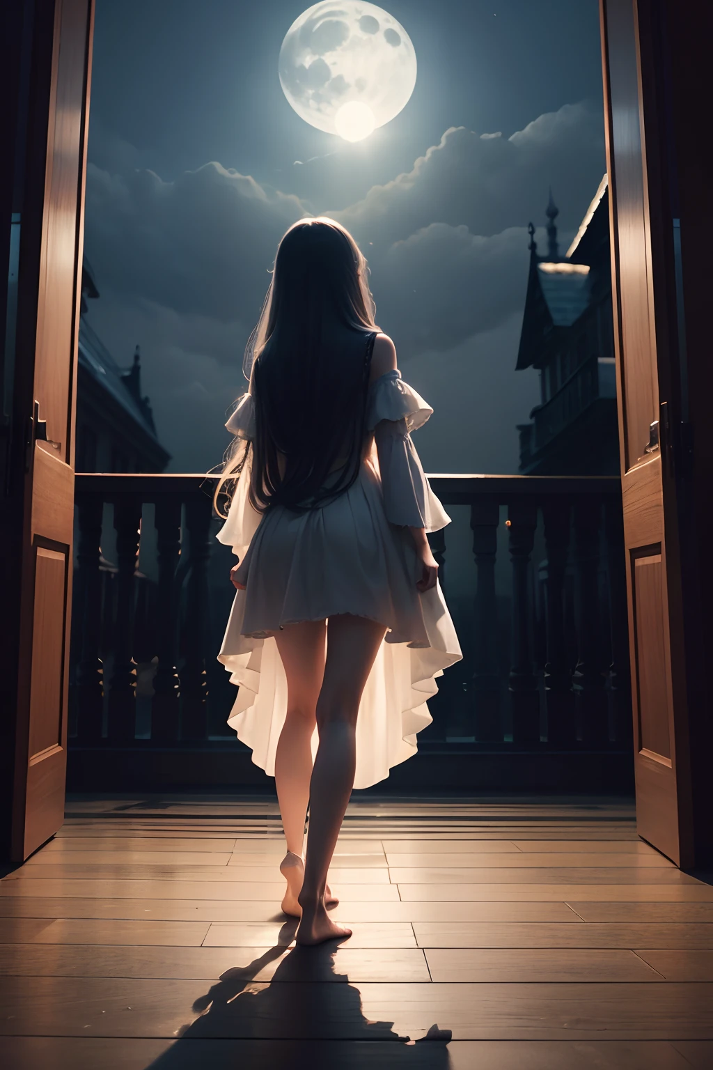 Moonlight back,standing on your feet,Long hair scattered,