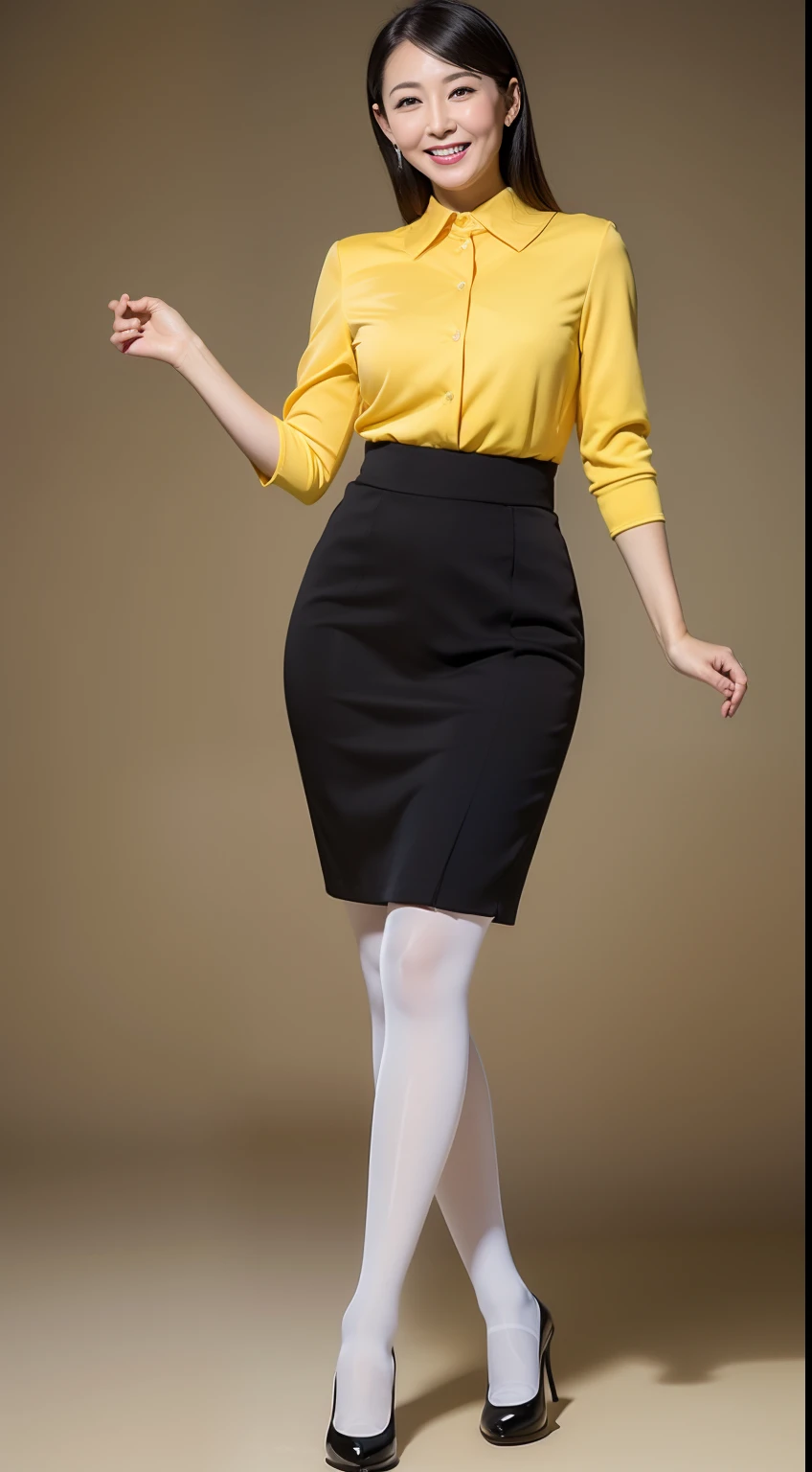 Masterpiece,Best quality, (maam. clerk:1), ((Portrait:1.3)), Cross arms, Smile,Yellow professional wear,Long legs,skin hyper-detail,Clear pores,in a panoramic view,Cocked buttocks,black lence stockings,Beautiful young Japanese woman over 40 years old, Perfect face, Fantastic look, (Detailed facial features), Clean and nice face,