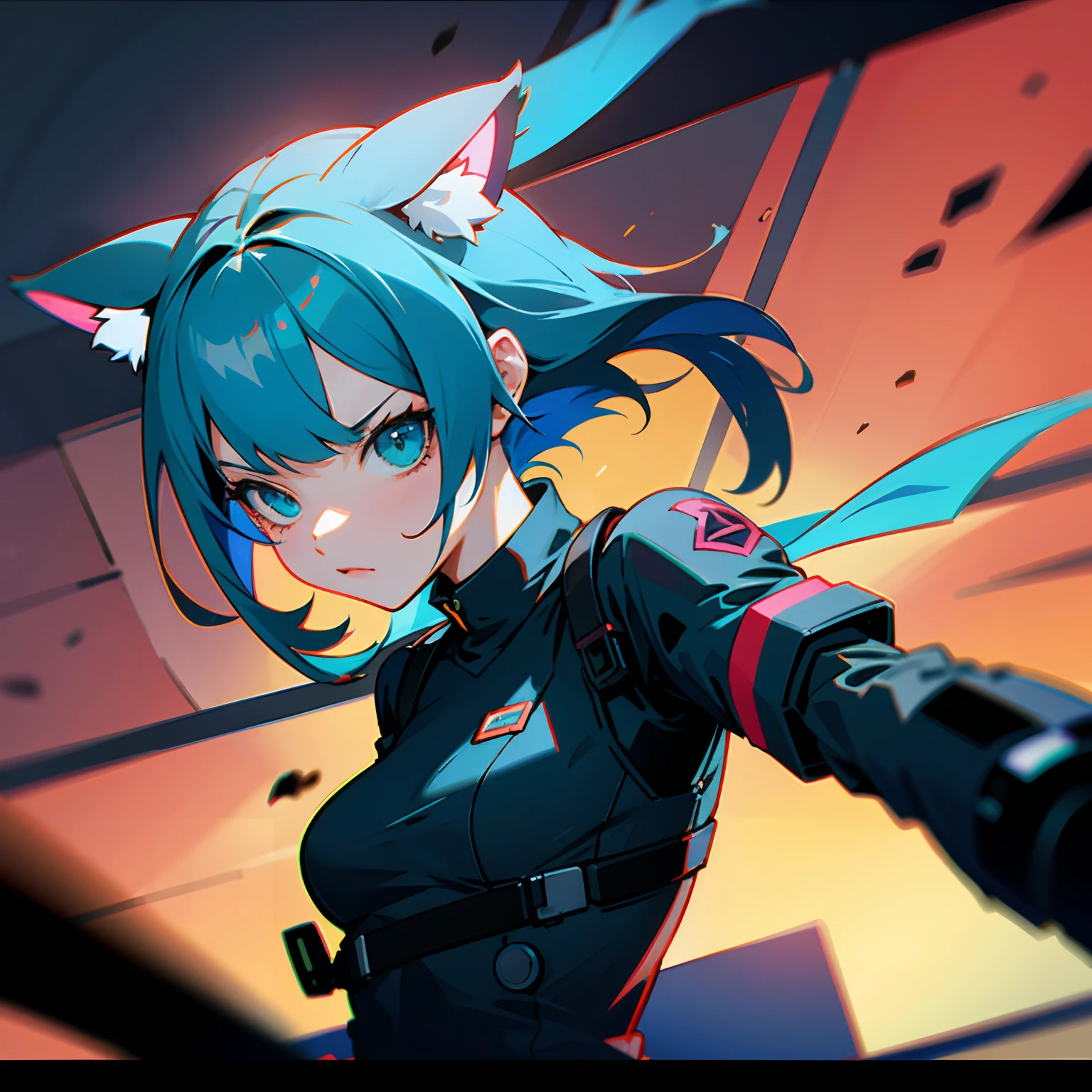 a short bob,girl with,a cool,cyberpunked,battle field,Nekomimi,lightblue hair,Fighting,The sword