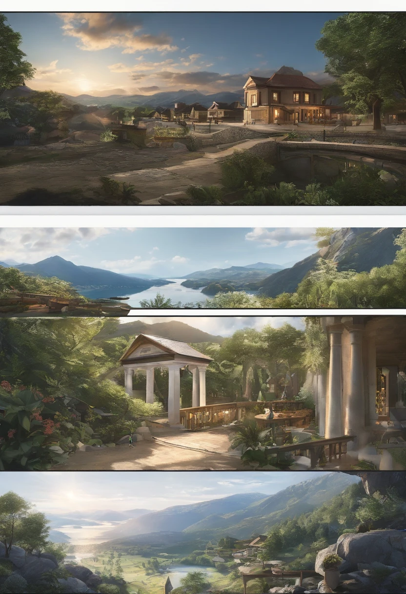 （（（Comic storyboard））），comic strip，Two-dimensional picture，Manhwa Style，Makoto Shinkai animation style，Makoto Shinkai animation film art style，Ultra-wide angle of view，A town with beautiful mountains and waters，Faraway view，super-fine，ultra - detailed，high qulity，8K ，oc rendered，dynamic viewing angle，Hyper Real，Ultra photo realsisim