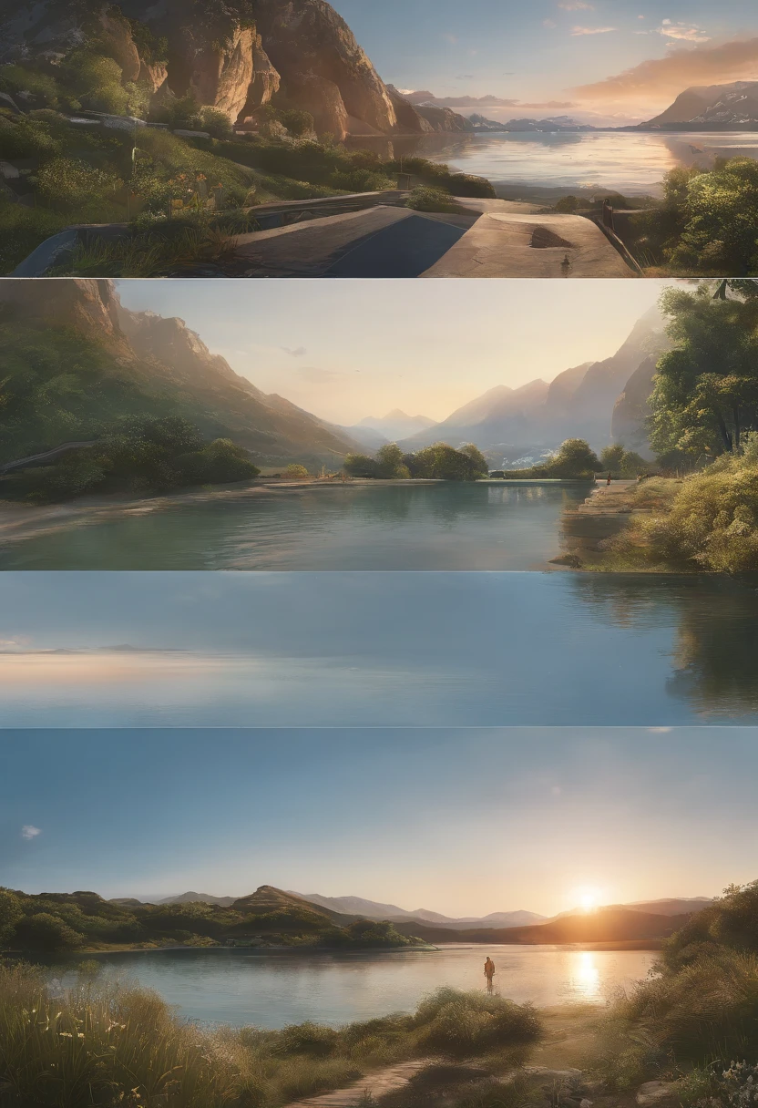 (((Comic storyboard))),comic strip,Two-dimensional picture,Manhwa Style,Makoto Shinkai animation style,Makoto Shinkai animation film art style,Ultra-wide angle of view,A town with beautiful mountains and waters,Faraway view,super-fine,ultra - detailed,high qulity,8K ,oc rendered,dynamic viewing angle,Hyper Real,Ultra photo realsisim