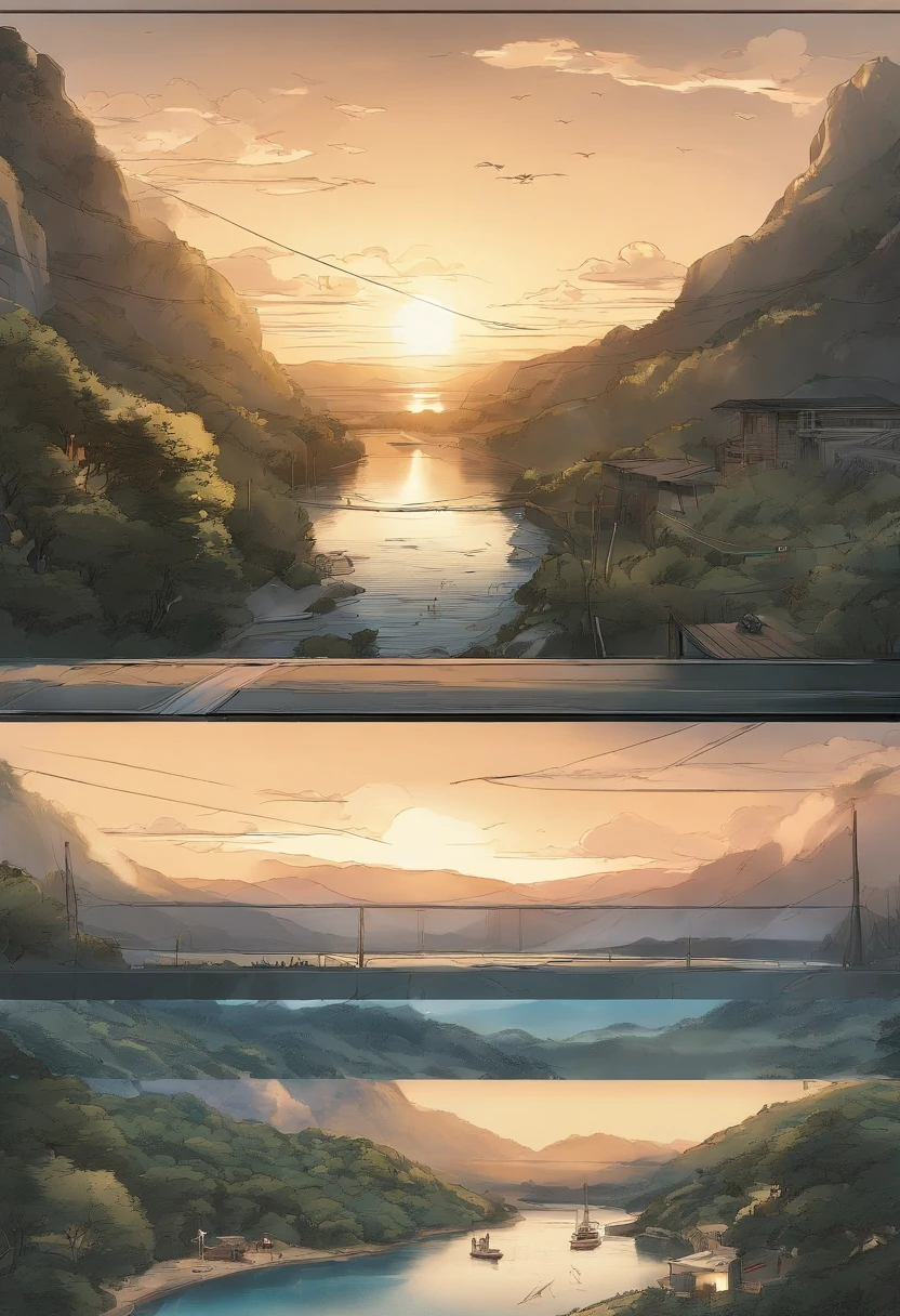 （（（Comic storyboard））），comic strip，Two-dimensional picture，Manhwa Style，Makoto Shinkai animation style，Makoto Shinkai animation film art style，Ultra-wide angle of view，A town with beautiful mountains and waters，Faraway view，super-fine，ultra - detailed，high qulity，8K ，oc rendered，dynamic viewing angle，Hyper Real，Ultra photo realsisim