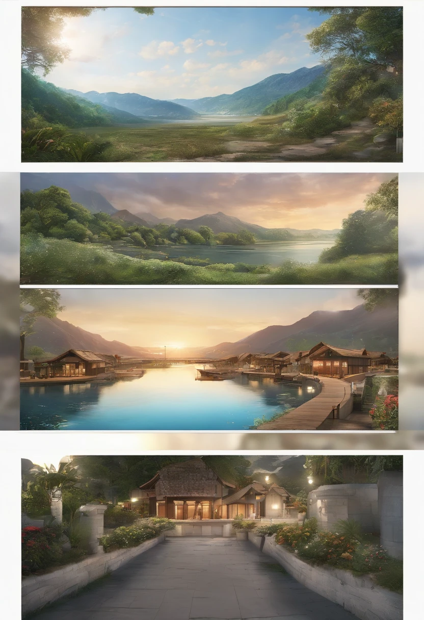 (((Comic storyboard))),comic strip,Two-dimensional picture,Manhwa Style,Makoto Shinkai animation style,Makoto Shinkai animation film art style,Ultra-wide angle of view,A town with beautiful mountains and waters,Faraway view,super-fine,ultra - detailed,high qulity,8K ,oc rendered,dynamic viewing angle,Hyper Real,Ultra photo realsisim