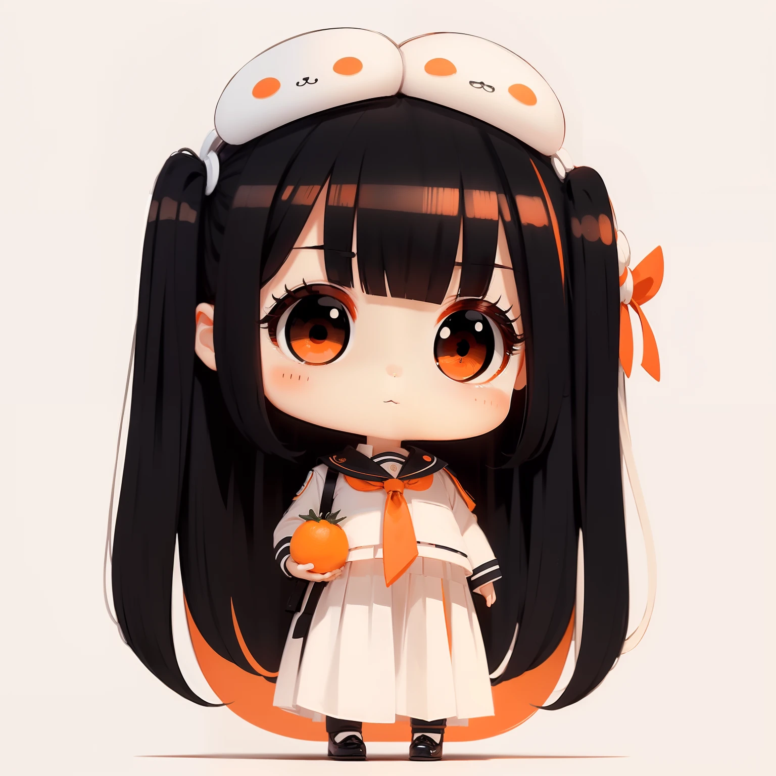 masterpiece、detaileds、Soft lighting、White and black sailor suit、Red tie、Rabbit eared girl with long black hair、Orange-eyed chibi、white backgrounid、simple background、