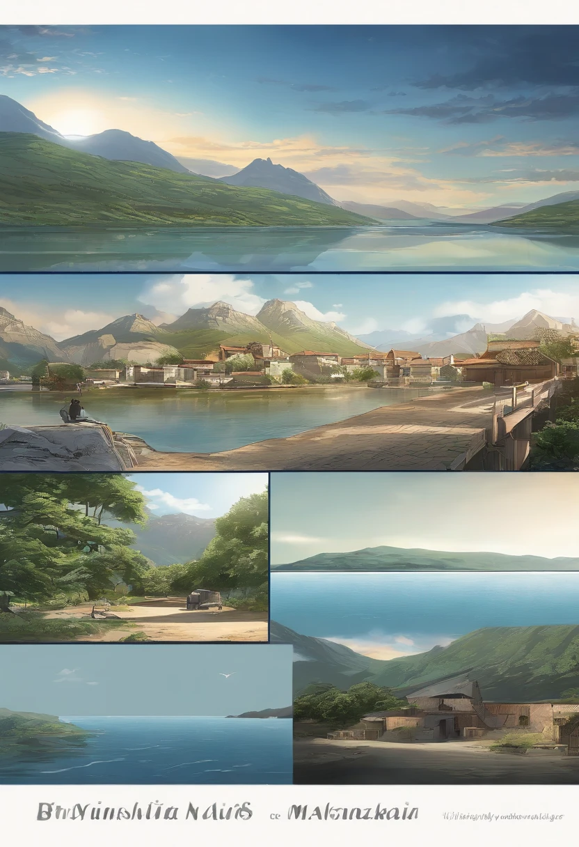 (((Comic storyboard))),comic strip,Two-dimensional picture,Manhwa Style,Makoto Shinkai animation style,Makoto Shinkai animation film art style,Ultra-wide angle of view,A town with beautiful mountains and waters,Faraway view,super-fine,ultra - detailed,high qulity,8K ,oc rendered,dynamic viewing angle,Hyper Real,Ultra photo realsisim