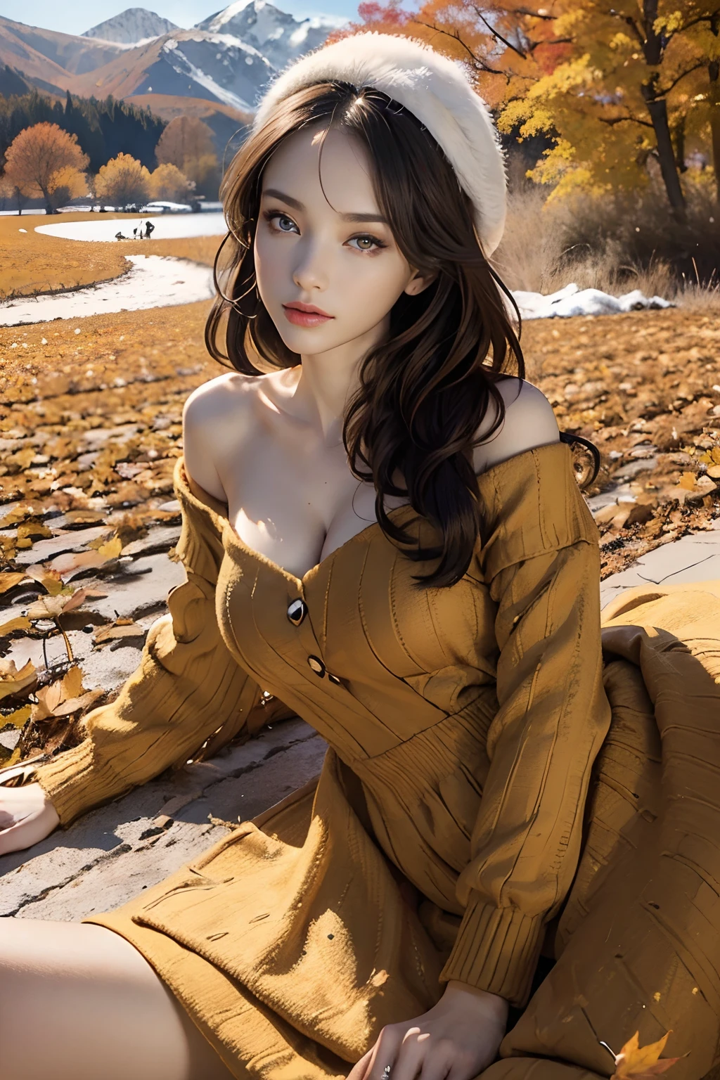 Breathtaking 8K, Masterpiece, (Fine face:1.8), full bodyesbian,(View:1.2),Beautiful woman, Slender and beautiful girl, Autumn leaves fall to the ground, (Autumn dress), full bodyesbian, ((Winters)),Rich background,