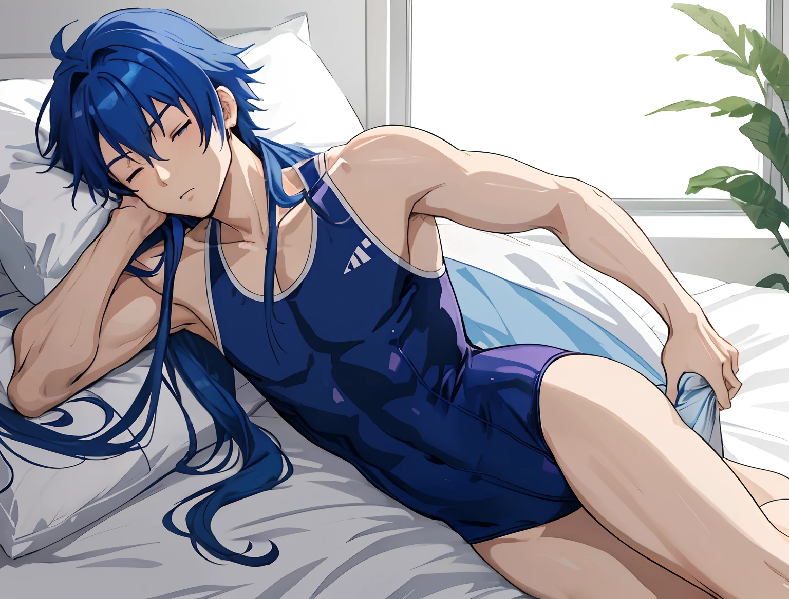 Anime boy lying in bed with eyes closed, Boy with long purple hair, Boy with long blue hair, Blue-eyed boy, Boy in swimsuit, Seductive Anime Boy, onepiece swimsuit, School swim wear, anime moe art style, garments:High-cut swimwear, Half Up Hair, lying on one's side on bed, Cool anime boy in a navy blue tanksuit, 2 d anime style, In a one-piece swimsuit, School Swimwear, Beautiful blue haired boy, Cool purple haired boy, Very realistic, lyin in bed, Ecchi anime style, highleg, Bare shoulders, bare legs
