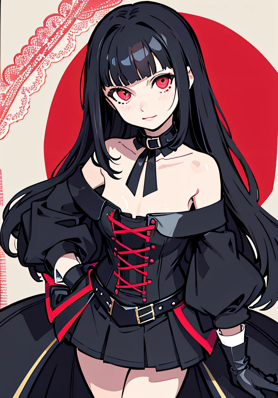{persona 5 style},Persona diagram,The waist is long and black and straight,The princess cut her bangs,Lace off-the-shoulder black skirt,long-sleeved gloves,Ruffled black hot pants,crape,Black high heels with red soles(From the front:1.3),
