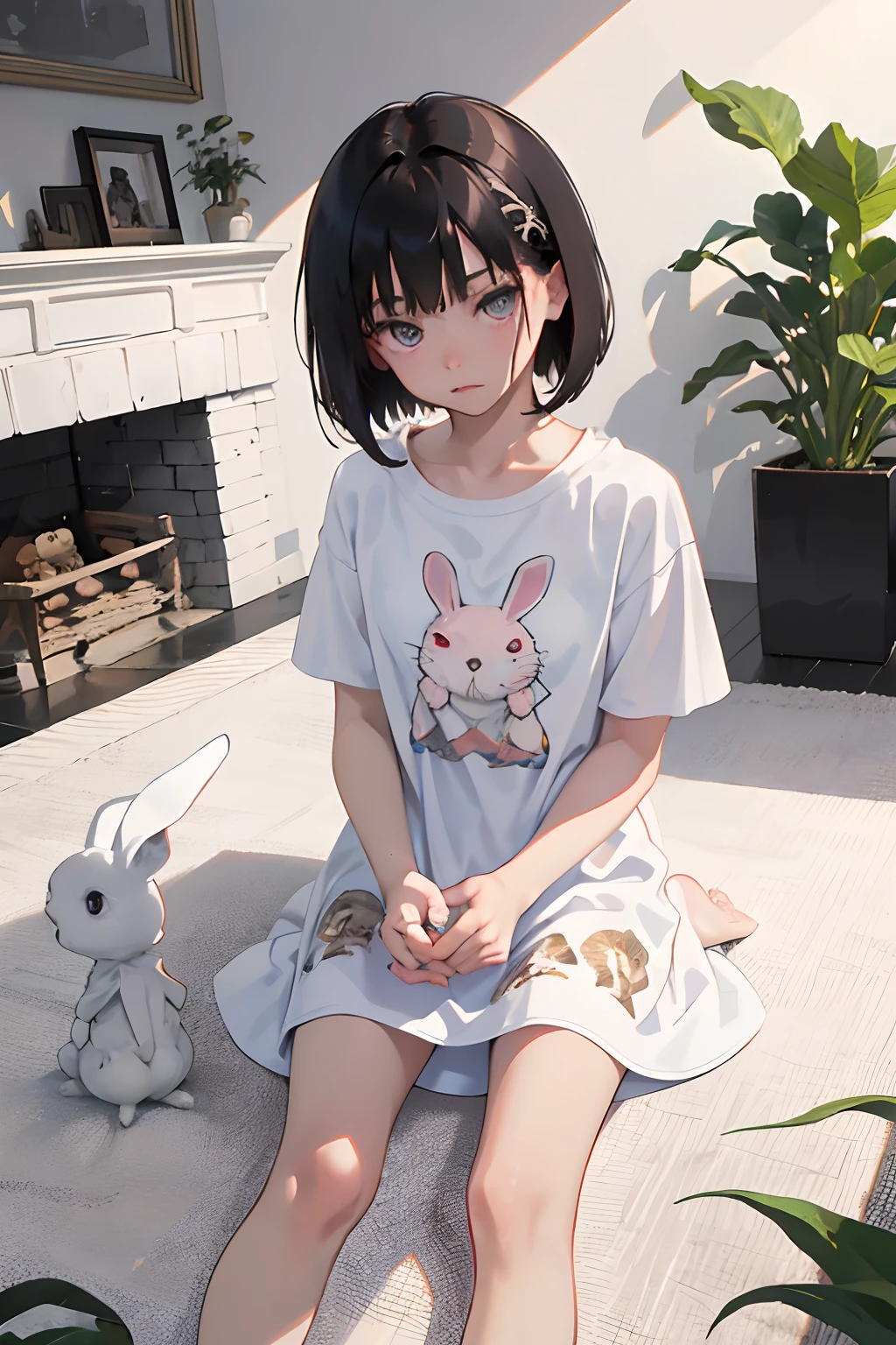 (Knees，crouching down)，（​masterpiece，Highest Quality），()，((Long white T-shirt with rabbit print，Light short sleeve dress))，(A dark-haired，Medium bob)，Light pink eyes，embarrassed from，sleepy expression，Delicate body