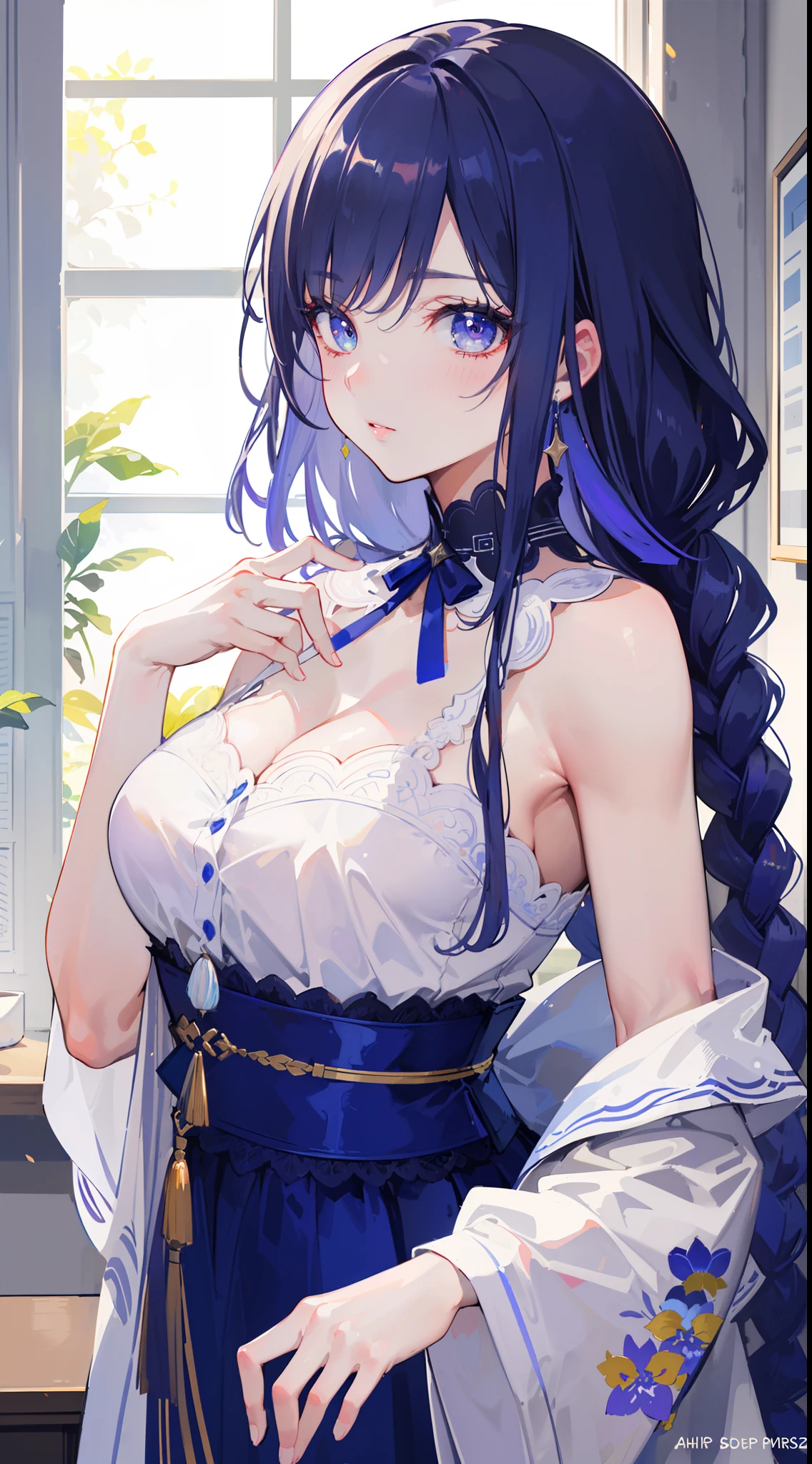(((8k))), (((Masterpiece))), (((Ultra-detailed))), (((Superlative))), Mature woman, Keqing, ((gigantic breasts)), (((pouting))), (((blushing))), (((living room))), (((arms behind head))), (((armpits)))