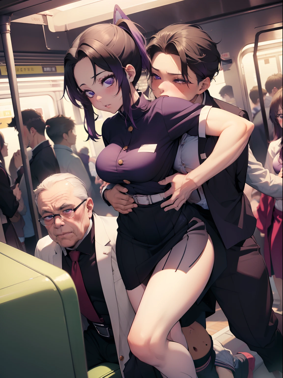 SFW, Realistic, masutepiece, VERY crowded subway train interior detailed scenario, VERY crowded subway train interior detailed background, Insanely hot standing (woman 1) Use something sexy ((School uniform)), （Highlights hair, long dark purple hair,beautiful detailed body, detailed sparkling purple eyes,）、（Indigo eyes）、（Mole under the mouth）(((Lifted skirt)),（Big breasts）、 (Big ass), (thick thigths), (fear expression), blushed face, old small man ass groping woman 1 from behind,(((old small man pressing his chest on woman 1 back))) And (((holding her waist behind her)))