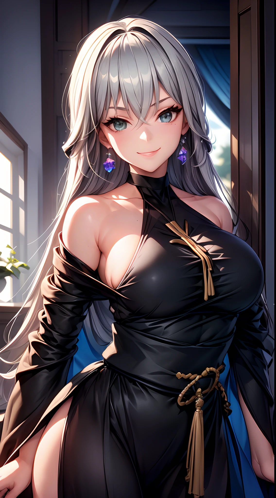 8k, highres, ultra detailed, (masterpiece:1.4), best quality, symmetrical body, adult woman, (Black robe:1.4), choker, cute, solo, earrings, long hair, grey hair, green eyes, glow effect, finely eye detailed face, looking at viewer, teasing viewer, in the bedroom, angled view, big breasts, teasing smile, seductive look