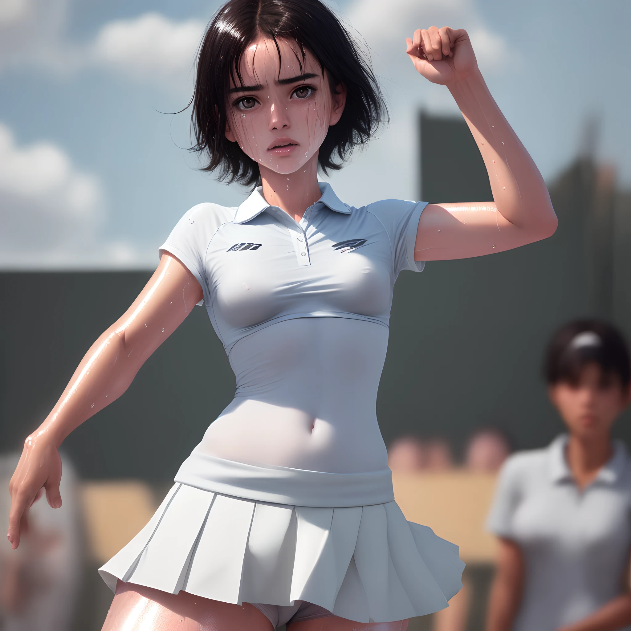 Burmese traditional 1girl, solo, white polo shirt, white sneakers, tennis wear, white miniskirt, masterpiece, best quality, realistic, hyper-detailed, (shiny skin, sweaty:1.4), absurd, looking at viewer, short black hair, brown eyes, slender, dynamic lighting, high resolution, sharp focus, depth of field, detailed eyes, sharp pupils, realistic pupils, (small breasts:1.6), (thick thighs:1.0), outdoor, sky