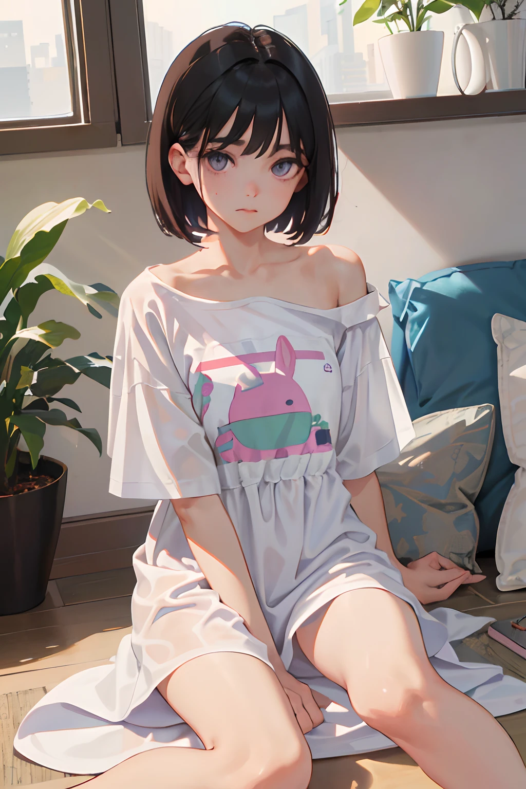 best image quality, pastel color theme, beautiful face and skin, 1 female, glossy lips, shining eyes, slanted eyes, Are standing, embarrassing, look away, Opposition, whole body, model pose, put your hand on your chest, put your hand on your crotch, cute, Transparent T-shirt, Bedroom, mirror, window, Backlight,