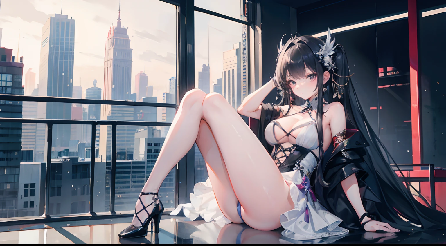 1girl, long hair, wearing sexy dress, highheels, city, absurdres, high res, ultrasharp, 8k, masterpiece, looking at viewer