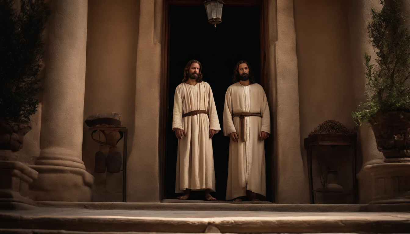 Two disciples of Jesus in front of the door of a house in the city in Judea. Characters from the Bible