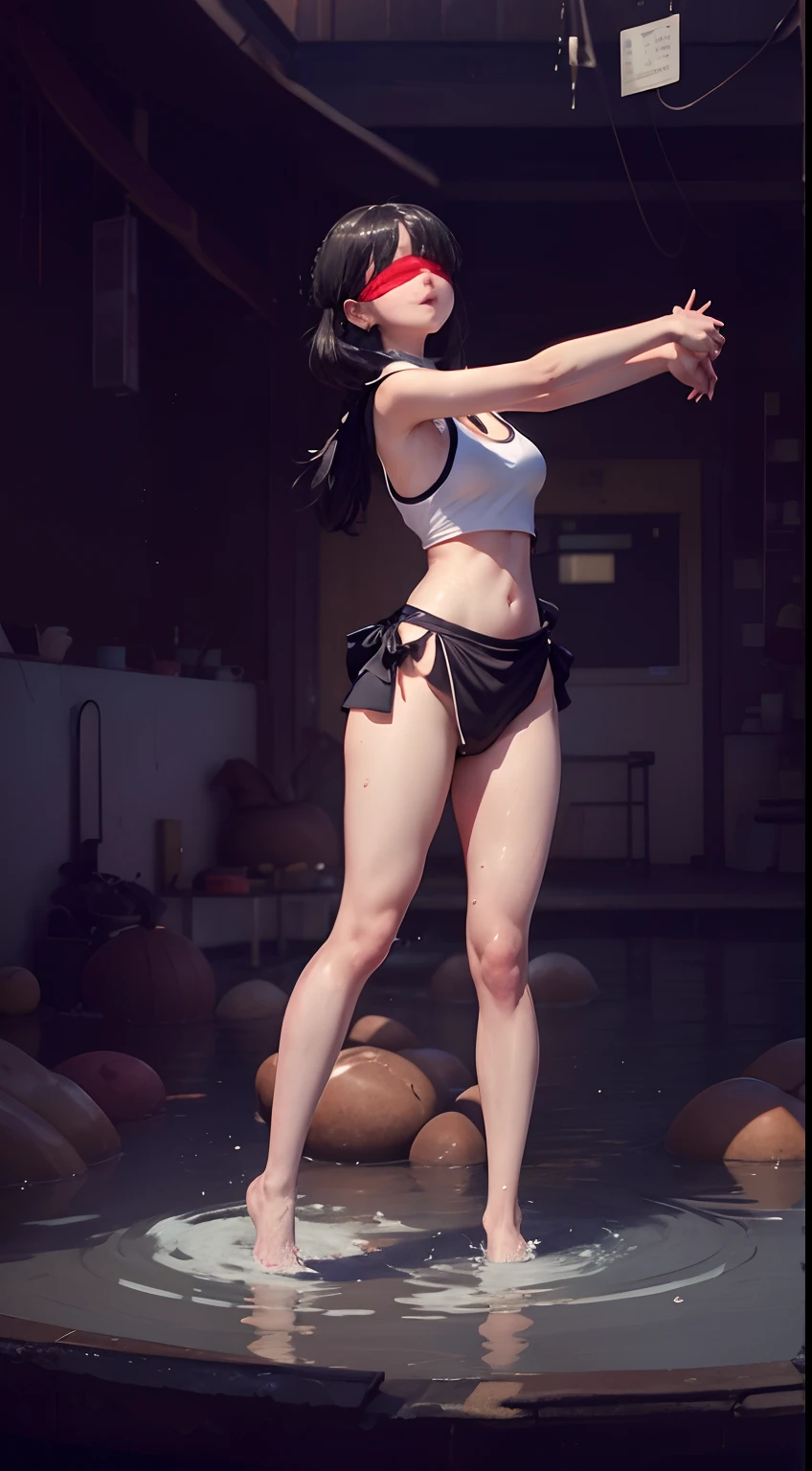 1 girl wearing a half-body singlet, white skin, playing in the water, black hair, winged body, sweet smile, red cheeks, flushed, squatting and opening her thighs, crotch exposed, wearing a blindfold, hair tied,