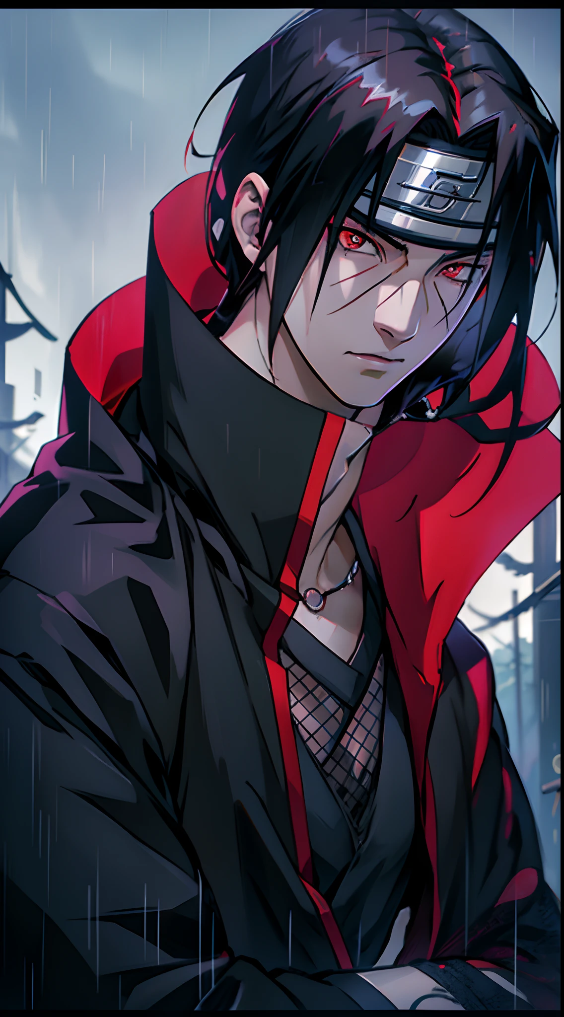 1man with a black hair and red eyes, itachi uchiha, itachi, akatsuki akira, sasuke uchiha, madara uchiha, yuyushiki, from naruto, inspired by Chen Jiru, sherigan eyes,midjourney art,detailed face,wearing akatsuki dress,he's very menacing and evil,naruto anime character Itachi, rainy, black theme, stunning look, detailed face,4k anime wallpaper,digital render, anime style 4 k