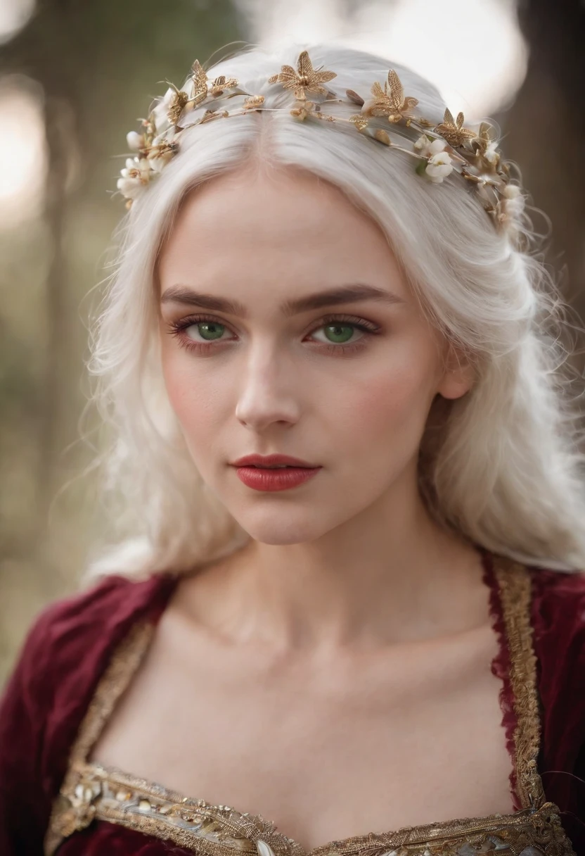 (((a deep reddish wound crosses her left cheek))) fair complexion, queen cleoptra around 19 years old, natural white hair, distinctive green eyes, wearing kohl, slender and graceful, beautiful, candlelight in a medieval setting, ultra sharp focus, realistic shot, medieval female clothes, tetradic colors (scar:1.4)