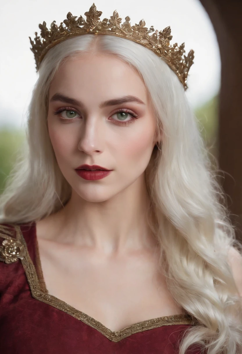(((a deep reddish wound crosses her left cheek))) fair complexion, queen cleoptra around 19 years old, natural white hair, distinctive green eyes, wearing kohl, slender and graceful, beautiful, candlelight in a medieval setting, ultra sharp focus, realistic shot, medieval female clothes, tetradic colors (scar:1.4)