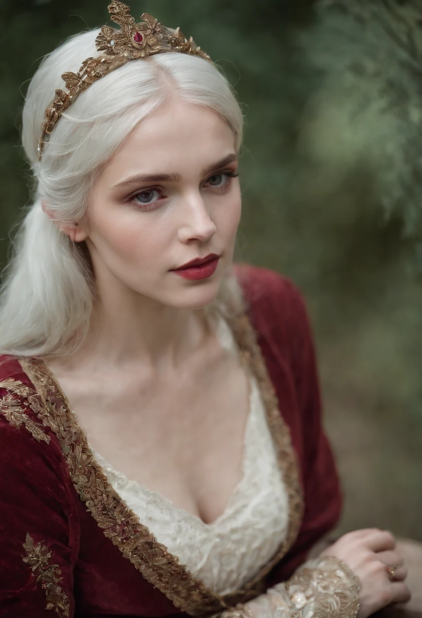 (((a deep reddish wound crosses her left cheek))) fair complexion, queen cleoptra around 19 years old, natural white hair, distinctive green eyes, wearing kohl, slender and graceful, beautiful, candlelight in a medieval setting, ultra sharp focus, realistic shot, medieval female clothes, tetradic colors (scar:1.4)