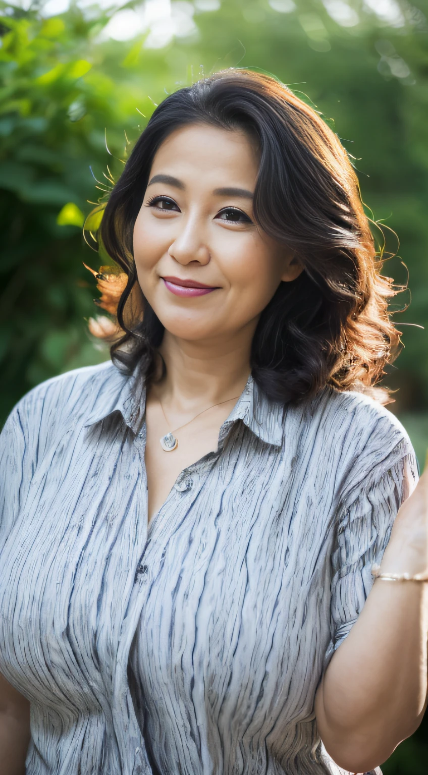 ((Best quality, 8K, Masterpiece, Portrait: 1.3)), (View viewers), Photorealism, Sharp focus, Solo, The Moro Islamic Liberation Front of Japan, Beauty,Wavy hair, Wrinkles at the corners of the eyes, to emphasize, ((Big breasts:1.2))),,30 years old, curlies, Wrinkled eyes, (casual wear, standing on your feet:1.2)