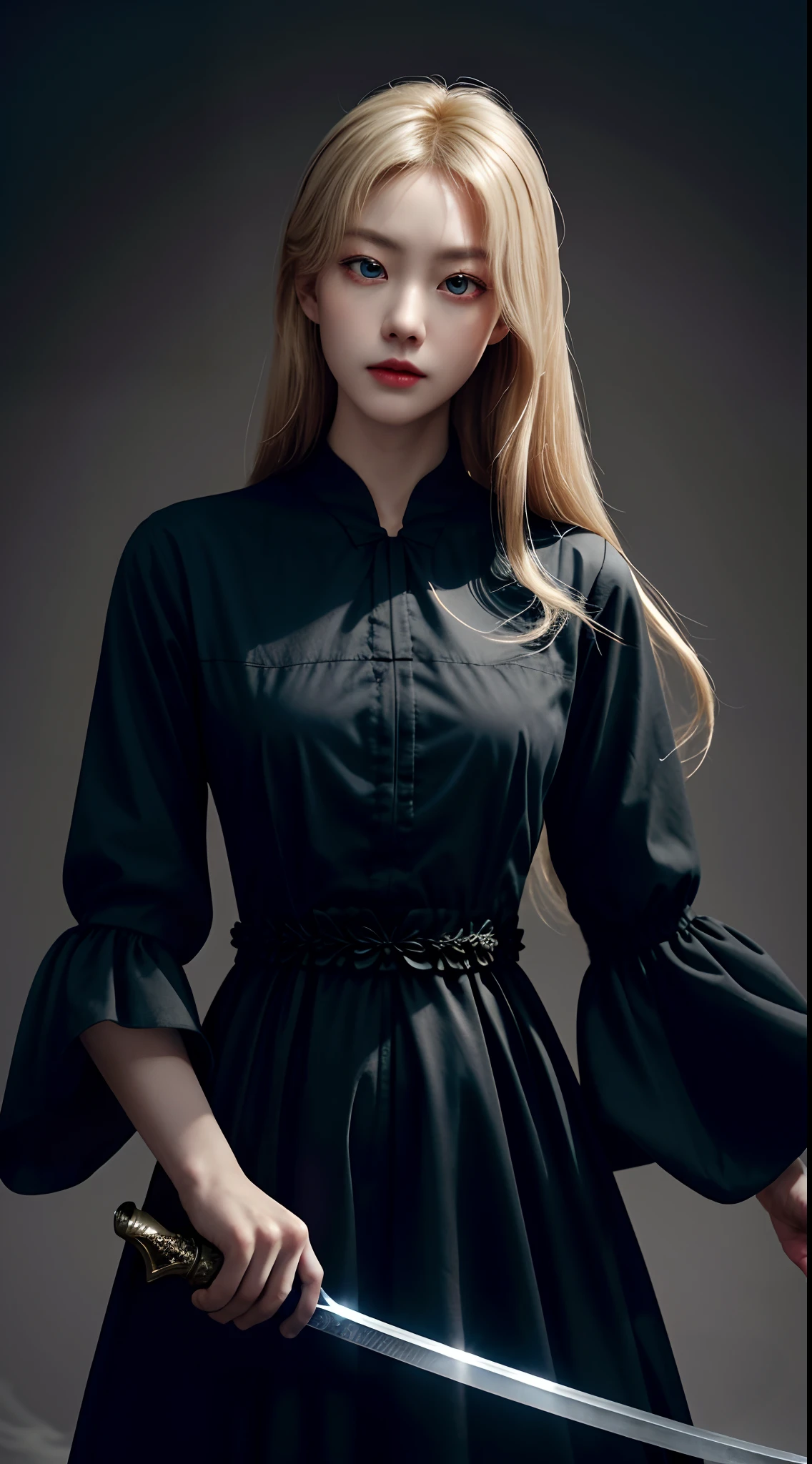 (hoang lap、high high quality、ultra detailed to hand)Such as inky blonde hair,Red eyes, Long black dress, period costume,longer sleeves, Delicate eyes and delicate face, Complicated details, Grim expression,Sword in hand,long sword,holy rays, midshot, centered image, ultra detail, extremely face detail, extremely eye detail