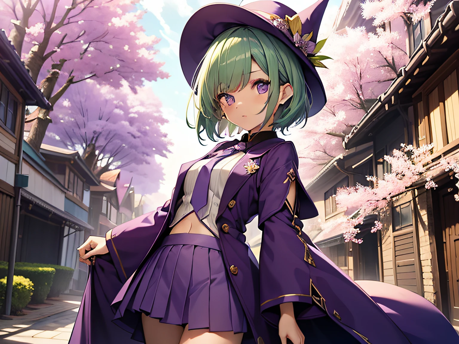 top-quality、extremely delicate and beautiful、(A age girl)、Purple Eye、Green hair、short-haired、(Purple pointy hat)、Purple tie、Soio、shortsleeves、Purple skirt、Purple Wizard Robe、Navel、is standing、Cherry blossoms on background