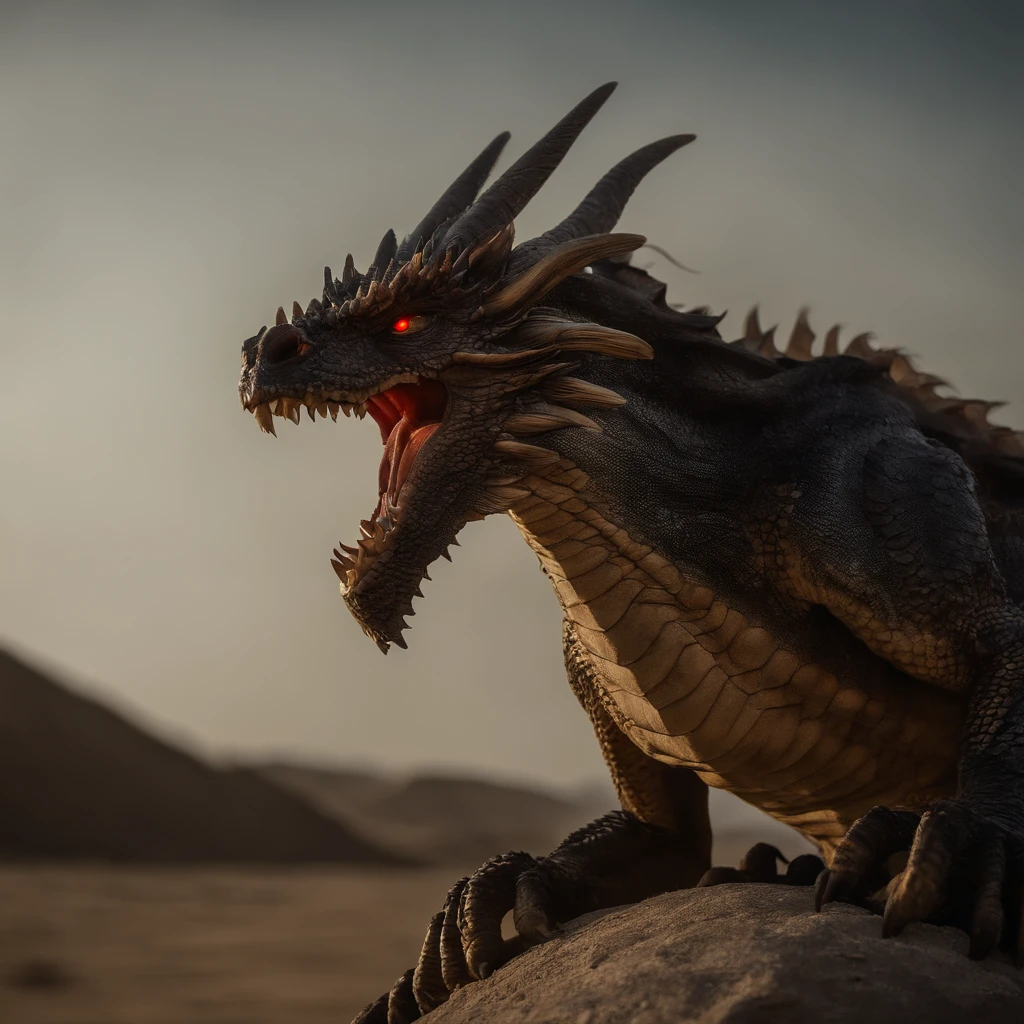 Tenryu Dourado,Rough red eyes,Close-up release of fire blood from the nose,Chest scales,alta qualidade,8k,muitos detalhes,Alface de fogo,Infelizmente,4 pernas,Garras manchadas,Ouro,Perigos,fires,dentes pontiagudos,big dragon,imensidade,Threatening,imponente