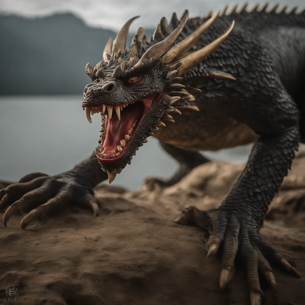 Tenryu Dourado，Rough red eyes,Close-up release of fire blood from the nose,Chest scales,alta qualidade,8k,muitos detalhes,Alface de fogo,Infelizmente,4 pernas,Garras manchadas,Ouro,Perigos,fires,dentes pontiagudos,big dragon,imensidade,Threatening,imponente