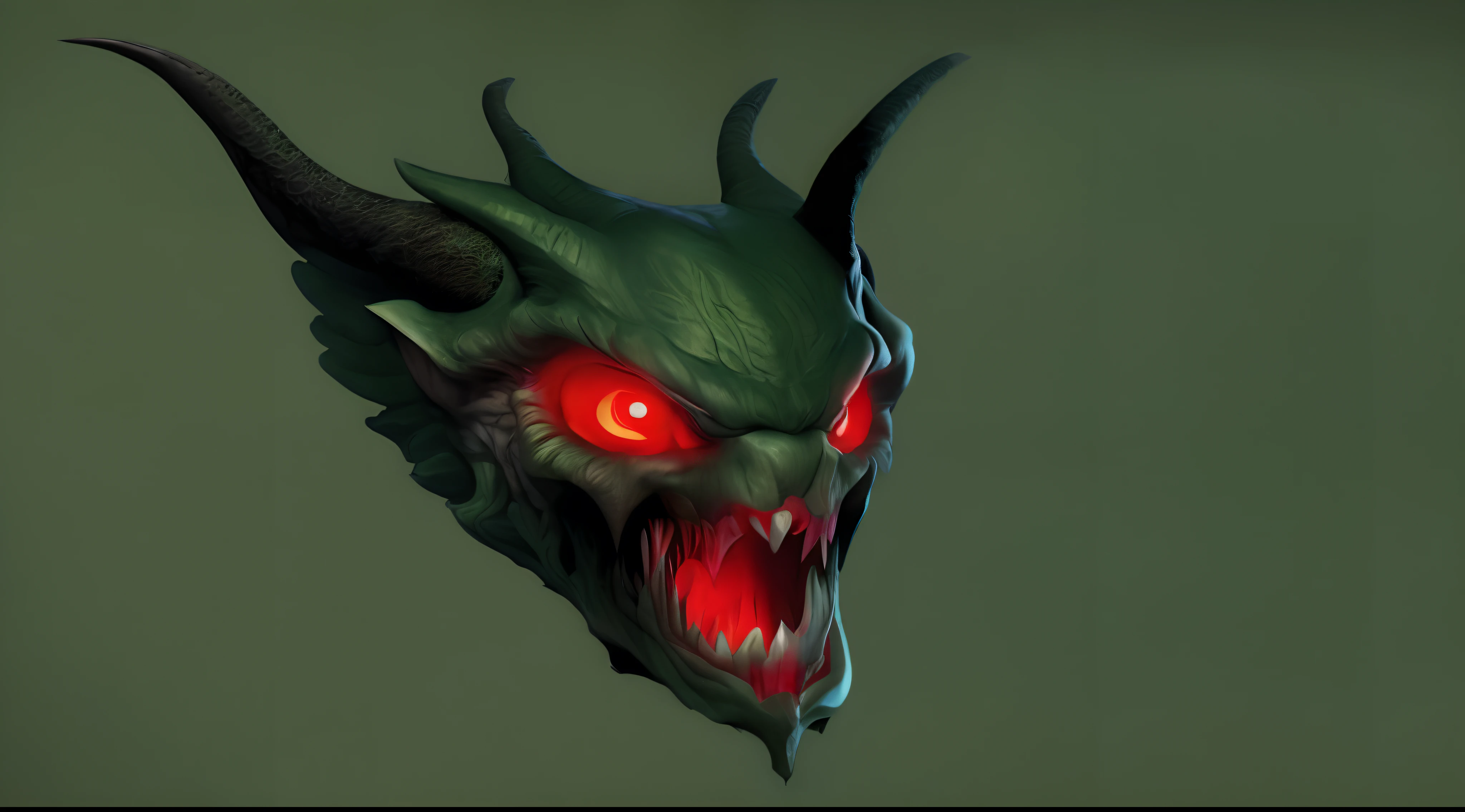 Demon head, horned, red eyes, only the head, seen from the side, green background, menacing teeth, frightening face