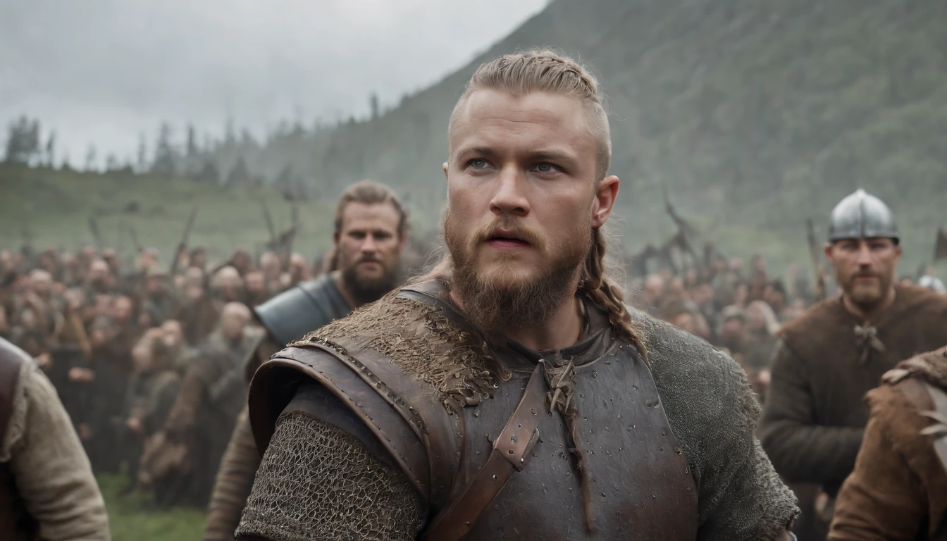 Ragnar lothbrok a Viking with his mighty army, Cinematic, Hyper-detailed, Insane detail, Beautifully colored, Super-Resolution, Megapixel, Cinematic lighting, Anti-aliasing, , Post processing, , Insanely detailed and intricate, Hyper maximalist, Hyper-realistic, volumetric, photorealistic, ultra photorealistic, ultradetailed, intricate details, 16k, super detailed, Color, Volumetric Lightning, HDR, realistic, , 32k, sharp focus.