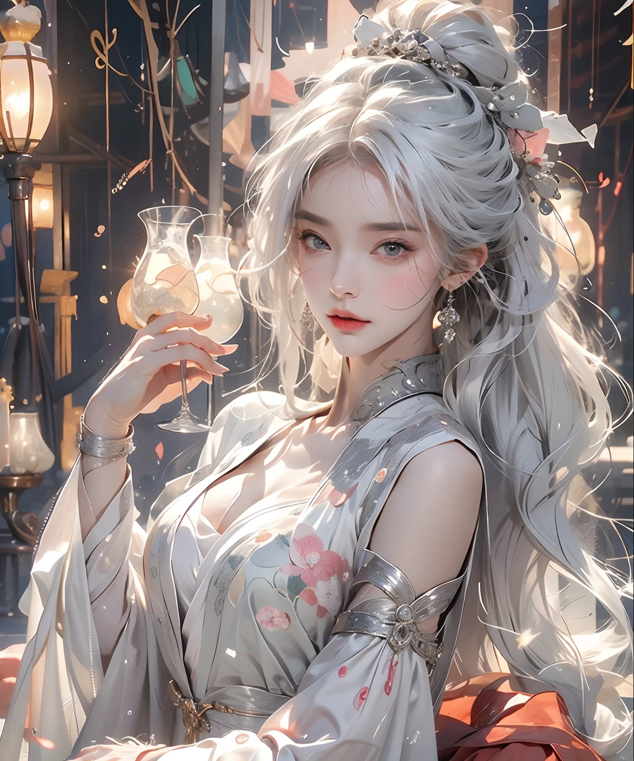Photorealistic, very high res, 1womanl, 独奏,clubs，palaces，oriental architecture ray tracing，{best qualtiy}，{ {tmasterpiece}}，Extremely detailed 8k wallpaper，{An extremely delicate and beautiful}，intricately details，photorealestic，Realiy，Camera quality，（Carefully portray clothes），Cold white skin，（Carefully portray blush）,1080p，Hips up,  (Detailed face), A cold face，White hair, Medium breasts, long whitr hair, Sword repair，White robe,Oversized clothes, jewelry，Smooth light silver hair，Messy beauty，lamplight，The skin is shiny and silky，tmasterpiece，The best quality，The illustrations are super detailed，beautidful eyes，Very detailed 8k CG wallpaper，Peach blossom eyes，An extremely delicate and beautiful girl，8k wallpaper，best qualtiy，close-up all over the body