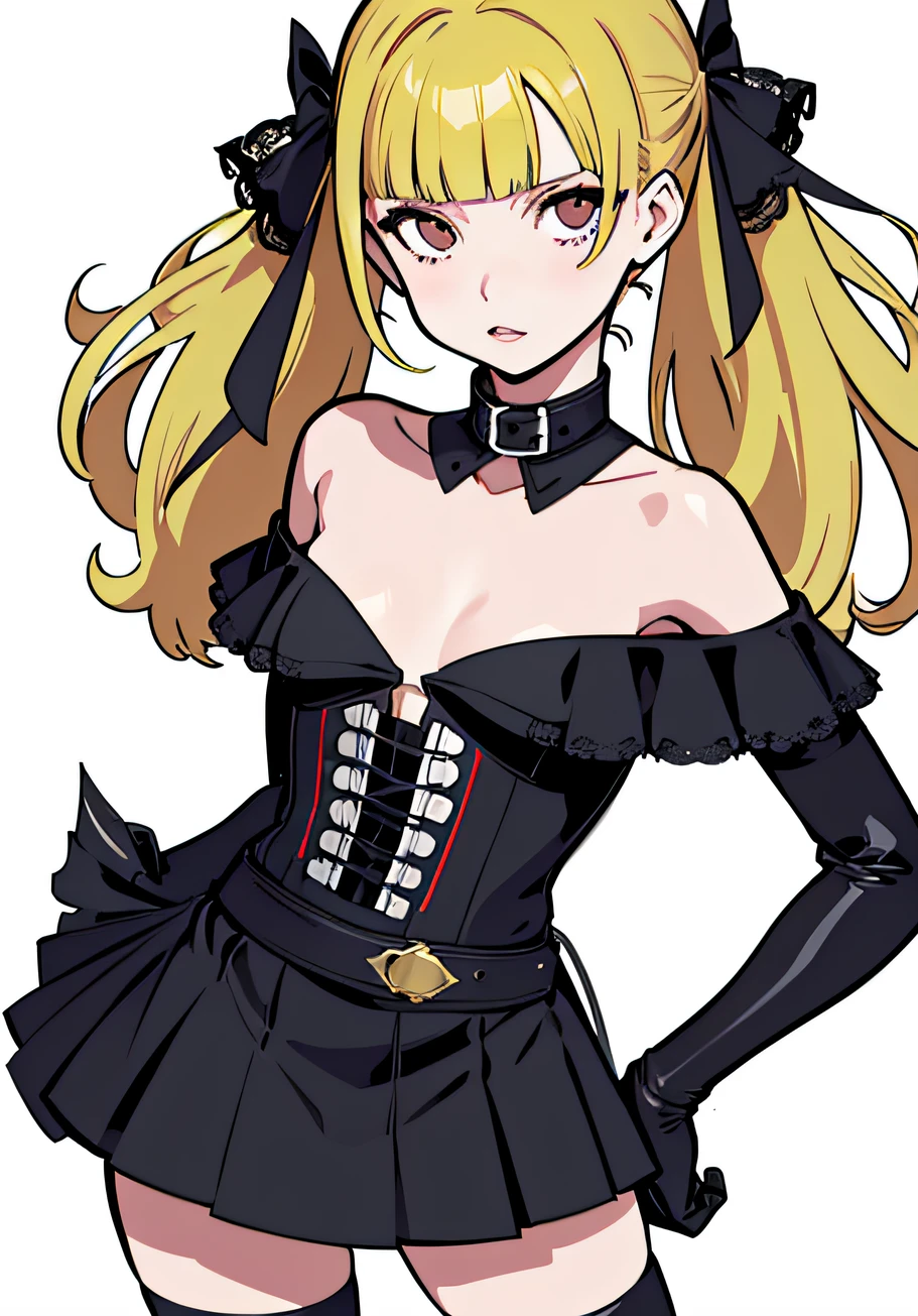 {persona 5 style}，Persona diagram，The waist is long, a baby face，Indifferent expression，Qi bangs，hair straight，Lace off-the-shoulder black skirt，long-sleeved gloves，Ruffled black hot pants，crape，Black heels（From the front：1.3），