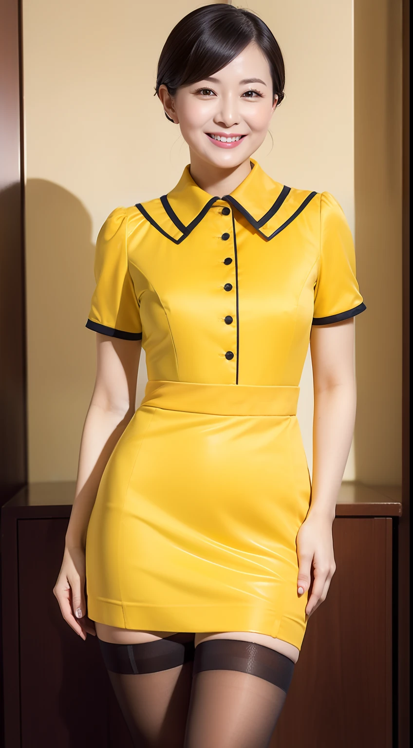 Masterpiece,Best quality, (maam. clerk:1), ((Portrait:1.3)), Cross arms, Smile,Yellow professional wear,Long legs,skin hyper-detail,Clear pores,in a panoramic view,Cocked buttocks,black lence stockings,Beautiful young Japanese woman over 40 years old, Perfect face, Fantastic look, (Detailed facial features), Clean and nice face,