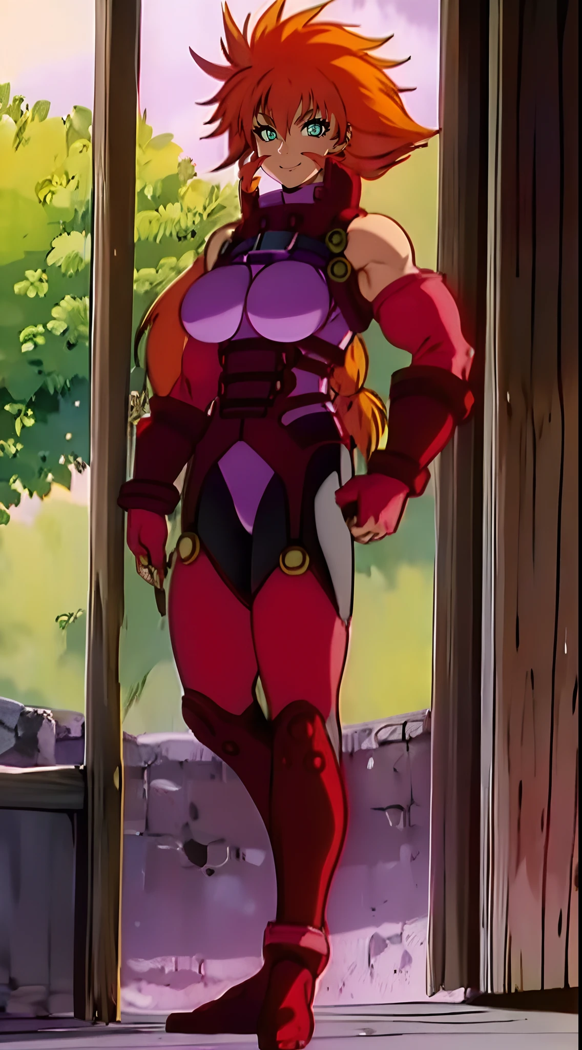 elle_ragu, huge_breasts, purple_leotard_black_pantyhose_red_gloves_garter_belt_red_boots_leather_gorget, standing, solo, masterpiece, best quality, detailed face, detailed eyes, highres,, standing full body, green eyes, smile