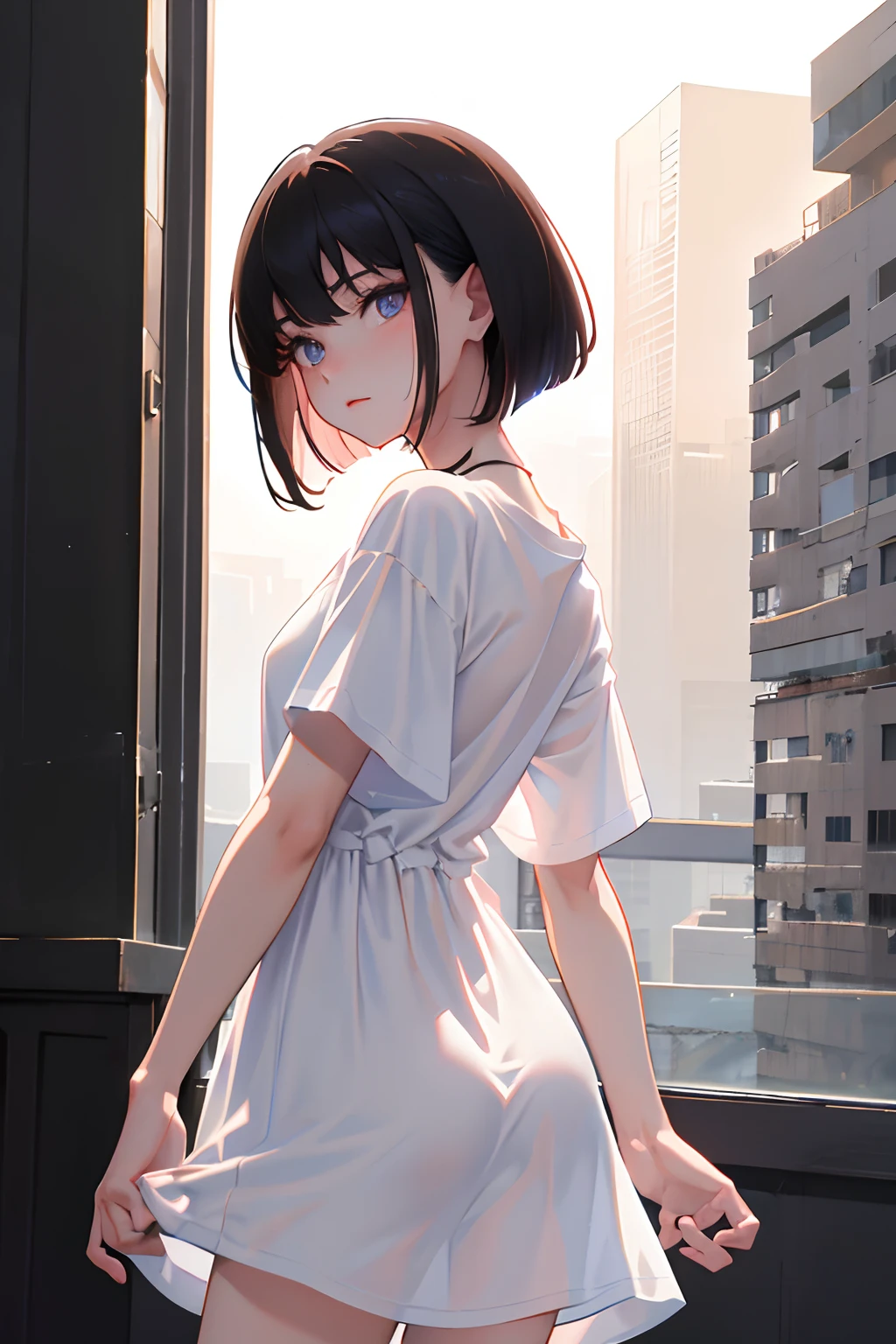 （​masterpiece，Highest Quality），()，((Long white T-shirt，Light short sleeve dress))，(A dark-haired，Medium bob)，Light pink eyes，embarrassed from，sleepy expression，Delicate body，Back lighting