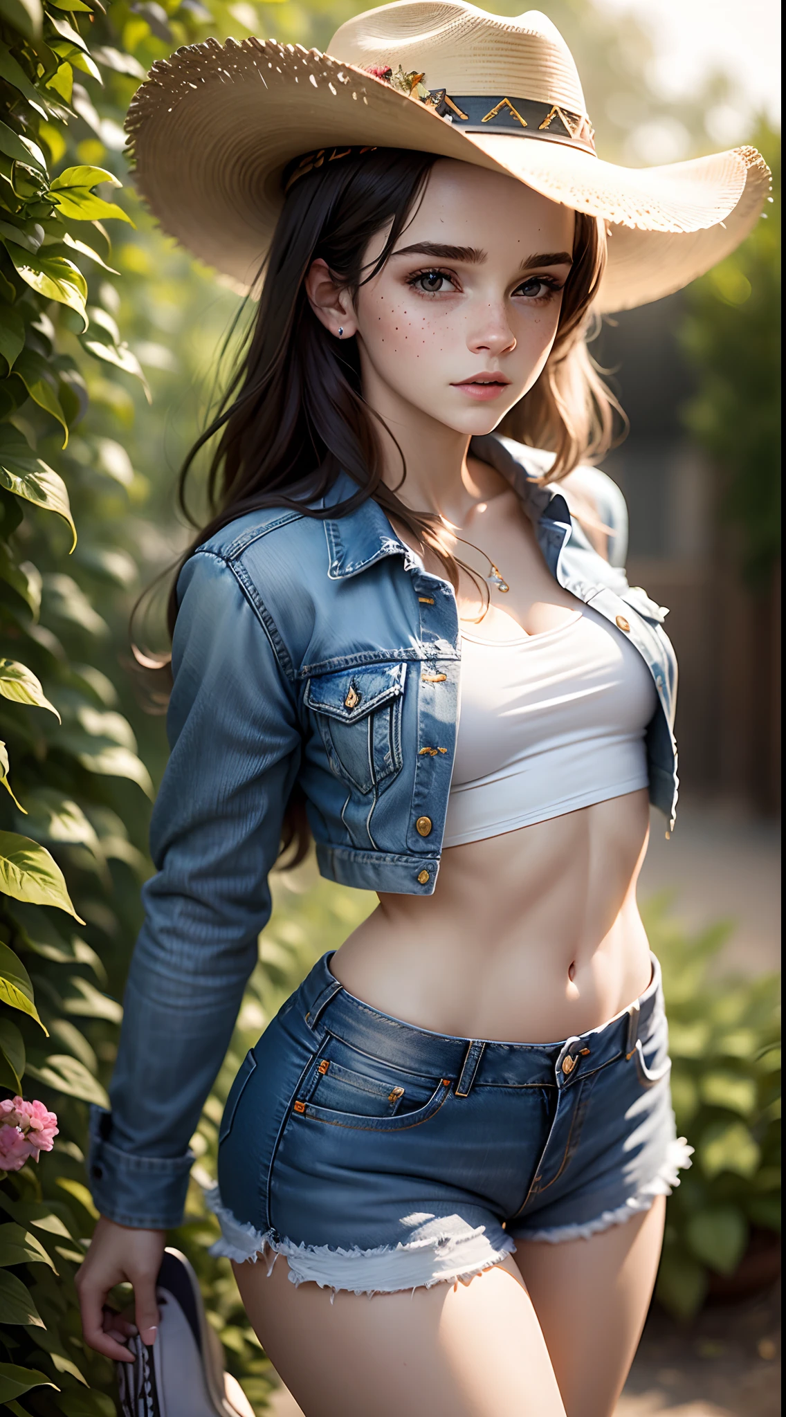 ((best qualtiy)), ((tmasterpiece)), (the detail:1.4), 3D, A beautiful cyberpunk female image,hdr(HighDynamicRange),Ray traching,NVIDIA RTX,Hyper-Resolution,Unreal 5,Subsurface scattering、PBR Texture、post-proces、Anisotropy Filtering、depth of fields、maximum definition and sharpness、Many-Layer Textures、Albedo e mapas Speculares、Surface coloring、Accurate simulation of light-material interactions、perfectly proportions、rendering by octane、Two-colored light、largeaperture、Low ISO、White balance、the rule of thirds、8K raw data、1girll,City park shooting,Tilt view,full bodyesbian;1.5,Twist braids,Lingerie with a slinger,Denim super shorts,