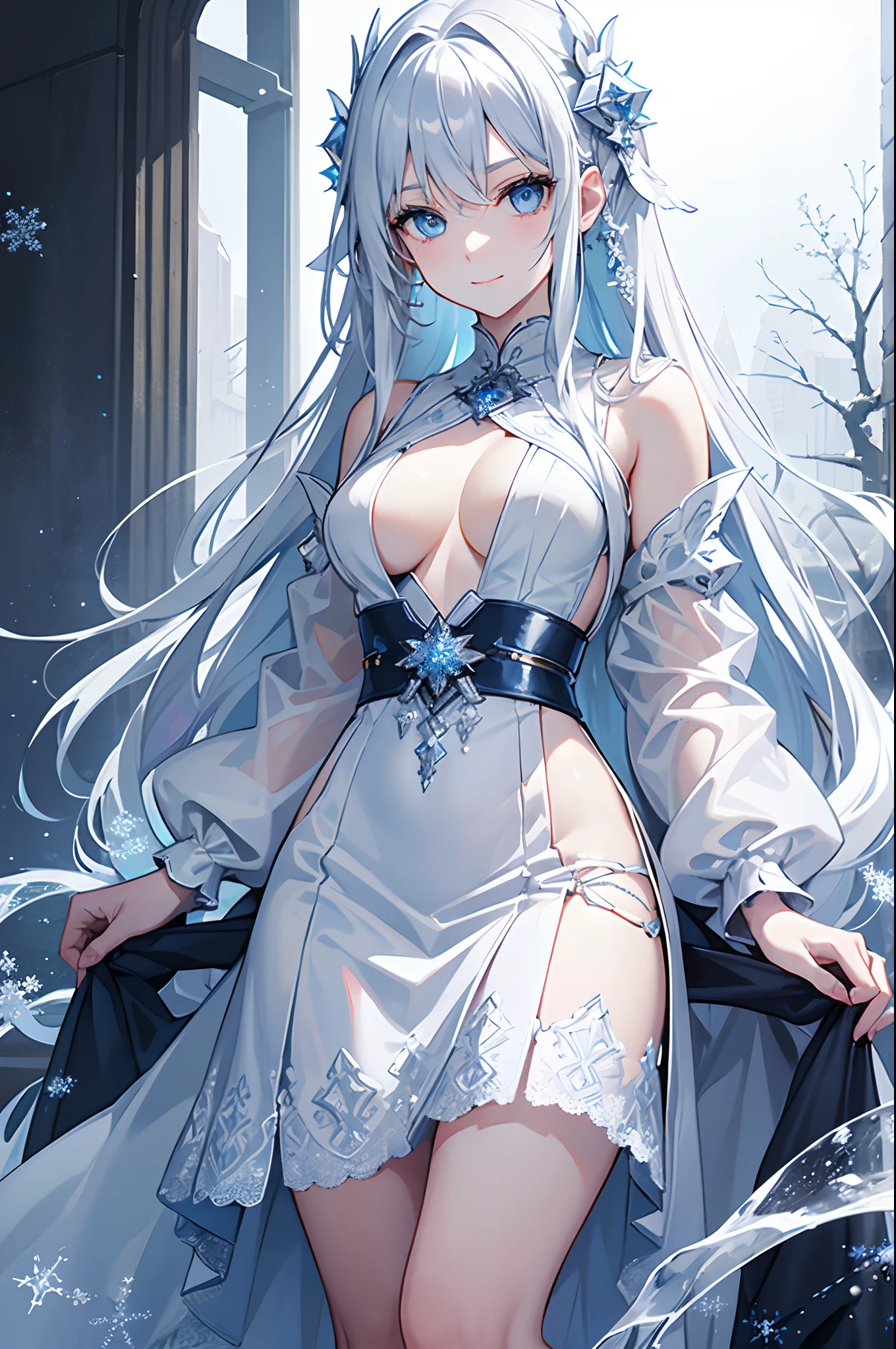 masterpiece, highlydetailed, ultra-detailed, cold, solo, (1girl), (pale skin), icyblue eyes, frosty white hair, cool Chara, flat face, young lady, lady chara, medium boobs, Arrogant, confident, cold face, goddess, cool kuudere girl, snowflakes, (frozen flowers:0.5), (calm expression), (sparkling ice crystals), (modern casual clothes), (smile:0.7)