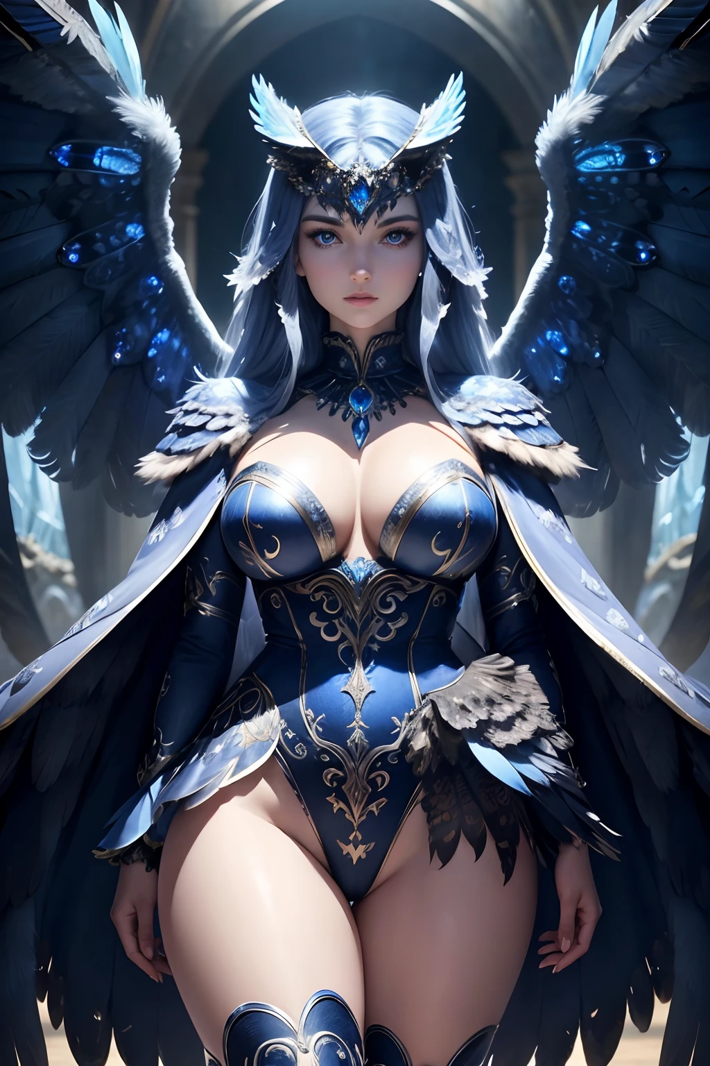 a live giant owl made out of deep blue sapphire gems, electric blue eyes, silver accents on the wings and tail, majestic, confident, vivid colors, Hyper-detailed, lustruous, Cinematic Lighting, intricate details, 8K