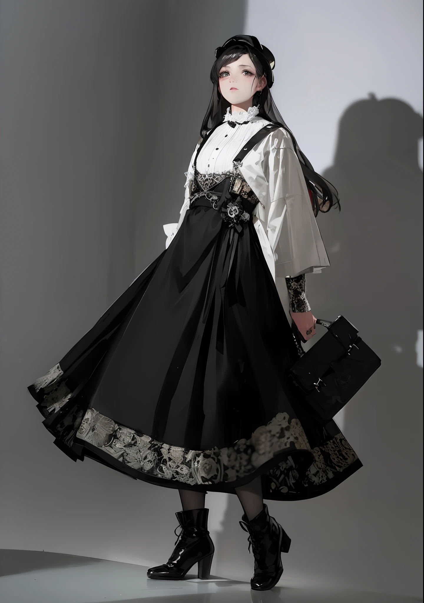 a woman in a black and white dress and hat holding a purse, intricate hakama, black gothic ta dress, in detailed steampunk dress, hakama kimono, wearing a gothic dress, ornate goth dress, gothic dress, wearing modern gothic clothes, dark gothic dress, black victorian dress, victorian inspired clothing, vintage gothic gown, gothic clothes, victorian gothic loliashion