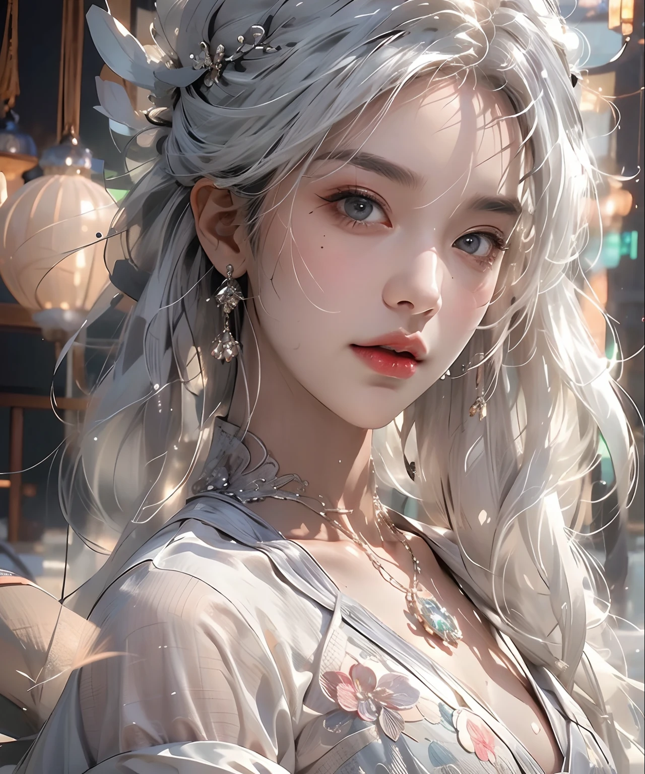 Photorealistic, very high res, 1womanl, 独奏,clubs，palaces，oriental architecture ray tracing，{best qualtiy}，{ {tmasterpiece}}，Extremely detailed 8k wallpaper，{An extremely delicate and beautiful}，intricately details，photorealestic，Realiy，Camera quality，（Carefully portray clothes），Cold white skin，（Carefully portray blush）,1080p，Hips up,  (Detailed face), A cold face，White hair, Medium breasts, long whitr hair, Sword repair，White robe,Oversized clothes, jewelry，Smooth light silver hair，Messy beauty，lamplight，The skin is shiny and silky，tmasterpiece，The best quality，The illustrations are super detailed，beautidful eyes，Very detailed 8k CG wallpaper，Peach blossom eyes，An extremely delicate and beautiful girl，8k wallpaper，best qualtiy，close-up all over the body