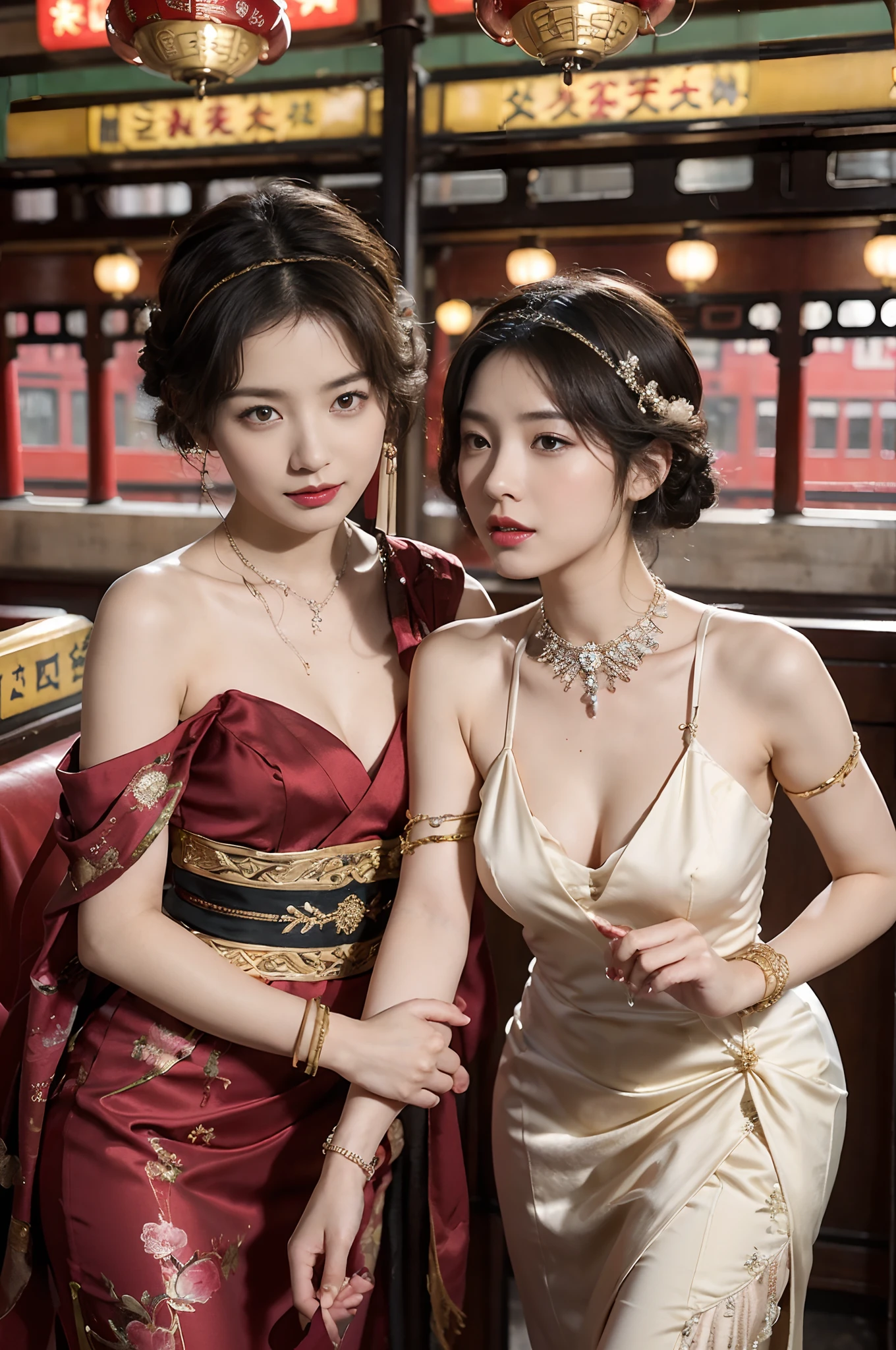 Two beautiful girls,leering:1.4, Lovers, Lesbians,(At the railway station in Shanghai in the 1920s,Vintage train background:1.6),(Taoist hairstyle,Giant hairband:1.6,Oylan hair accessories,armlets, bangle:1.3),Dodge kisses,bauhause, bulgari, official valentino editorial,half-open lips, Suck your lips firmly, Drooling, elegant, Brilliant, Beautiful, Blush (0.2), Gorgeous, Beautiful, Gorgeous, gentle, Starry sky, Milky Way, Summer triangle, Tanabata and bamboo ornaments, Precise drawings, a detailed drawing,