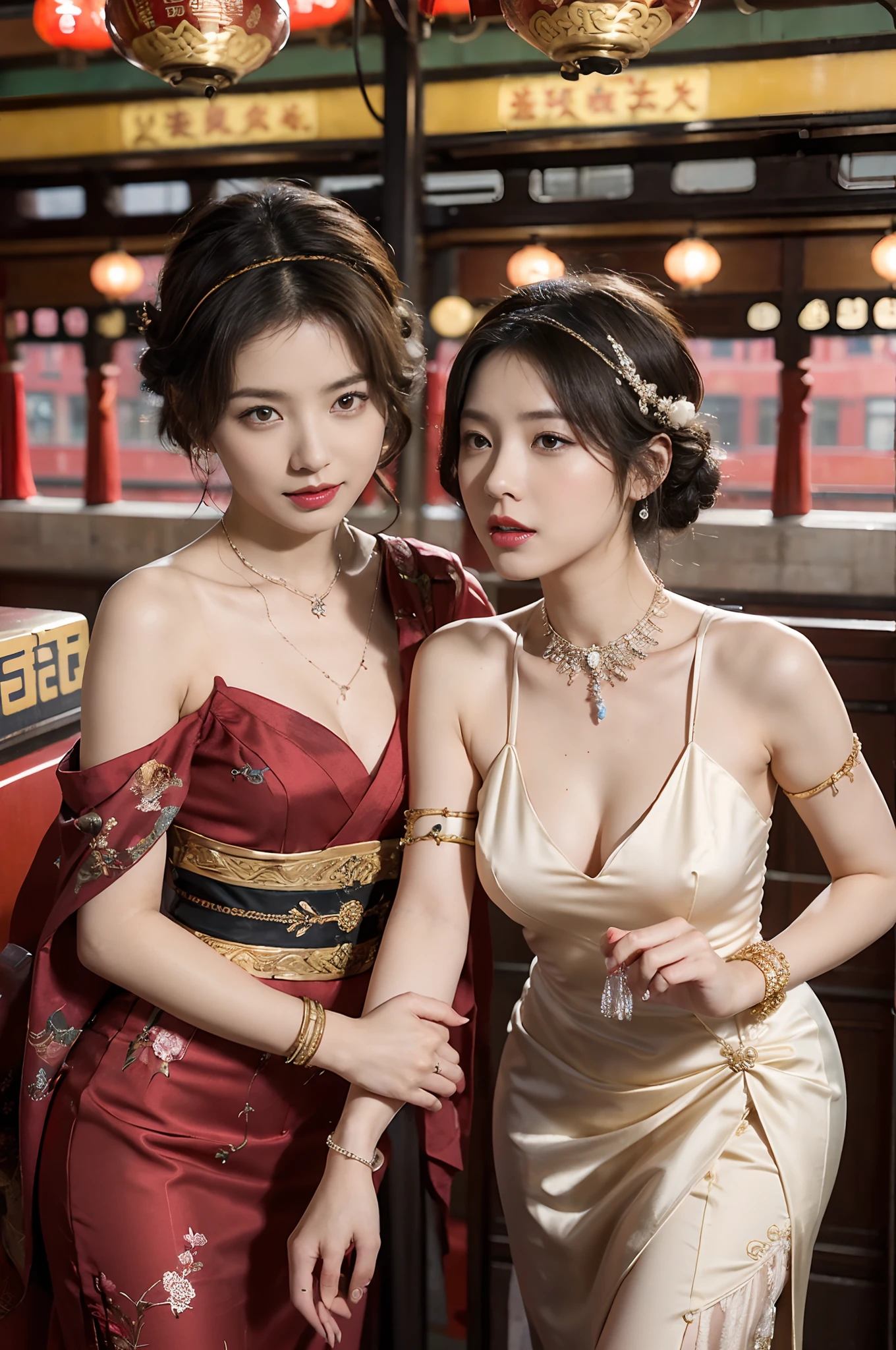 Two beautiful girls,leering:1.4, Lovers, Lesbians,(At the railway station in Shanghai in the 1920s,Vintage train background:1.6),(Taoist hairstyle,Giant hairband:1.6,Oylan hair accessories,armlets, bangle:1.3),Dodge kisses,bauhause, bulgari, official valentino editorial,half-open lips, Suck your lips firmly, Drooling, elegant, Brilliant, Beautiful, Blush (0.2), Gorgeous, Beautiful, Gorgeous, gentle, Starry sky, Milky Way, Summer triangle, Tanabata and bamboo ornaments, Precise drawings, a detailed drawing,