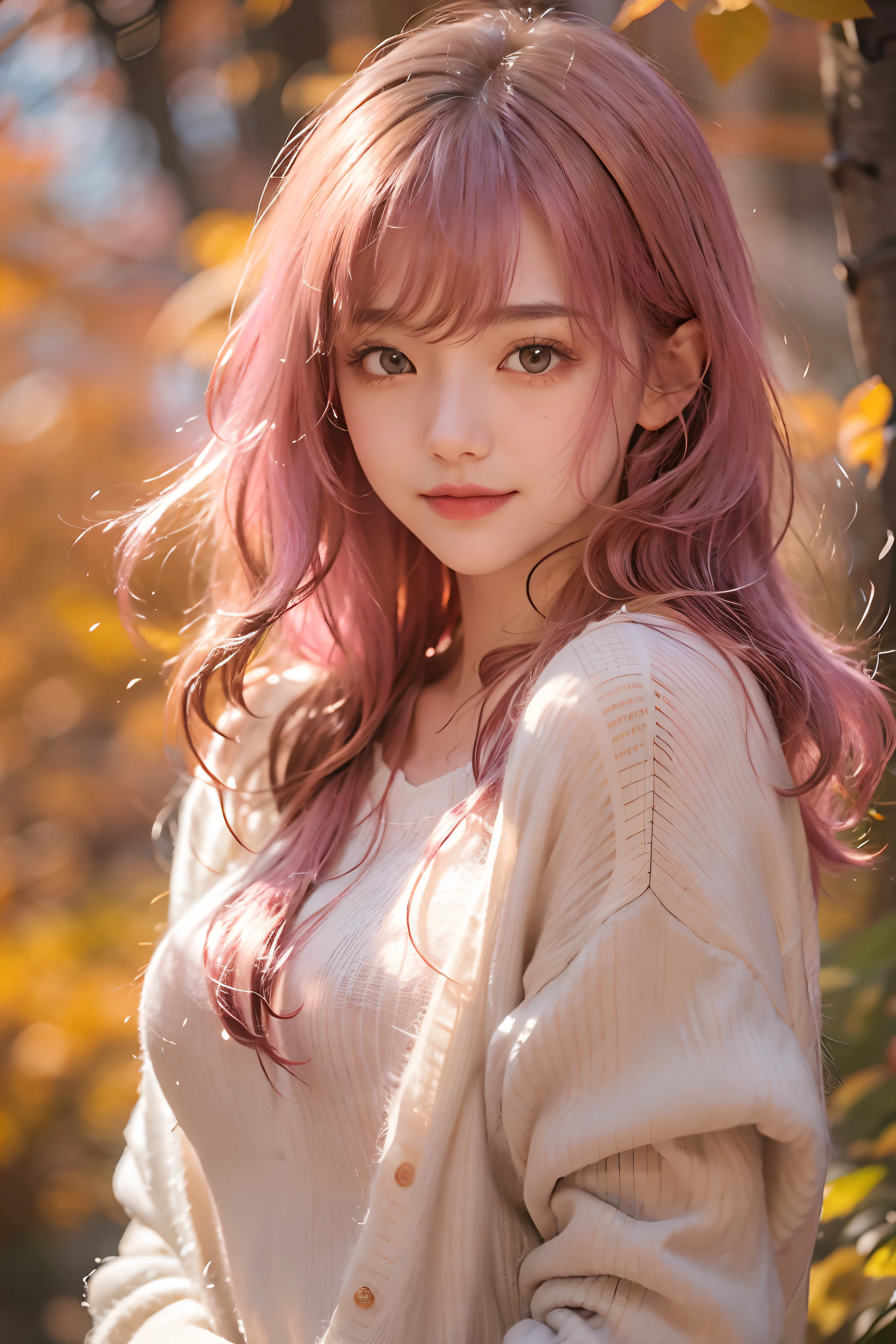 ((Extra Upper Shot))、(looking at view)、1girl in、in her 20s、(Pink hair)、((Medium hair))、(bangss)、(The best smile)、(Photoreal Stick:1.2)、in 8K、high-level image quality、(High quality shadows)、Detail Beautiful delicate face、Detail Beautiful delicate eyes、pureerosface_v1、gloweyes、(Red lipstick close to orange)、perfectbody、Perfect Style、(Brown eyes)、 (strong lights)、Shiny hair、Description beautiful delicate hair、(Lustrous skin)、(White sweater)、 (early evening)、A walk in the forest of autumn leaves、Falling leaves、waterfall in the background、Background blur、电影灯光、Sunlight、
