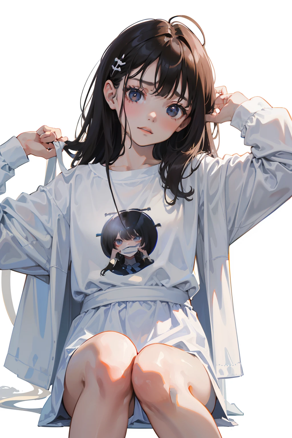 (masterpiece,Highest Quality),Knees,(Long T-shirt,Onepiece),Wet clothes,(simple background、White background:1.3),((10 years old female child,child))