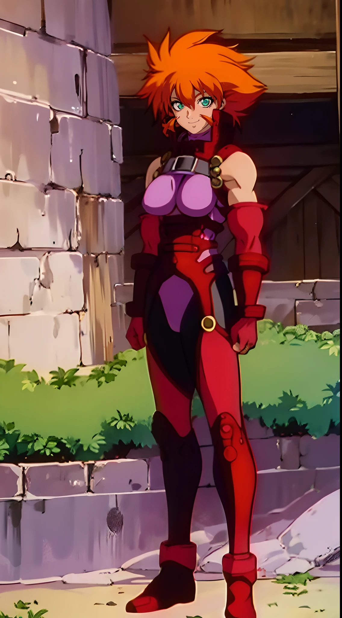 elle_ragu, huge_breasts, purple_leotard_black_pantyhose_red_gloves_garter_belt_red_boots_leather_gorget, standing, solo, masterpiece, best quality, detailed face, detailed eyes, highres,, standing full body, green eyes, smile