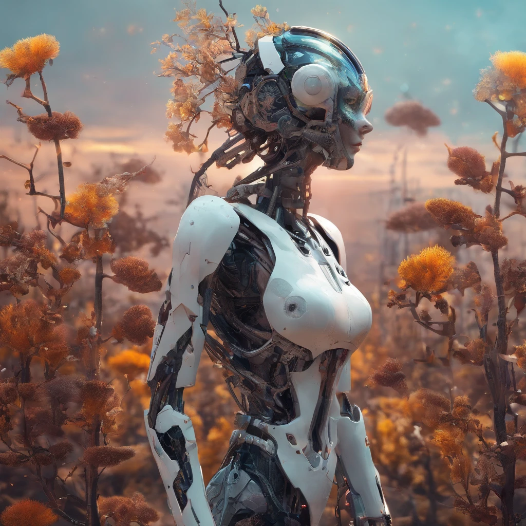 gorgeous botanical cyborg with dry flowers growing out of it, rustic:1.3 ,biomechanical ((cyborg:1.3))automata, android, bokah diadem, damaged suit, dameged head, cracked glass, scratche screen,damned lands,yule heaven,biomechanical cyborg, 8k resoultion, cinematic style digital art render with mechanical and futuristic details, Sci-Fi, hyper realistic ,biomachanical cyborg, post apocalyptic, damaged, surreal,surreal, withered nature, withered plants and leaves , dried , sunset,blurred environment background, portrait, digital art, concept art, post processed, dynamic lighting, (painted by bochen and wlop, stylized by nixeu and greg rutkowski), trend on pixiv, perfect composition, cinematic, majestic, detailed, sharp details, sharp focus, perfect anatomy, shiny, masterpiece, award-winning photography, fine-tuning face, masterpiece, art by yoshiyuki sadamoto and matt banning