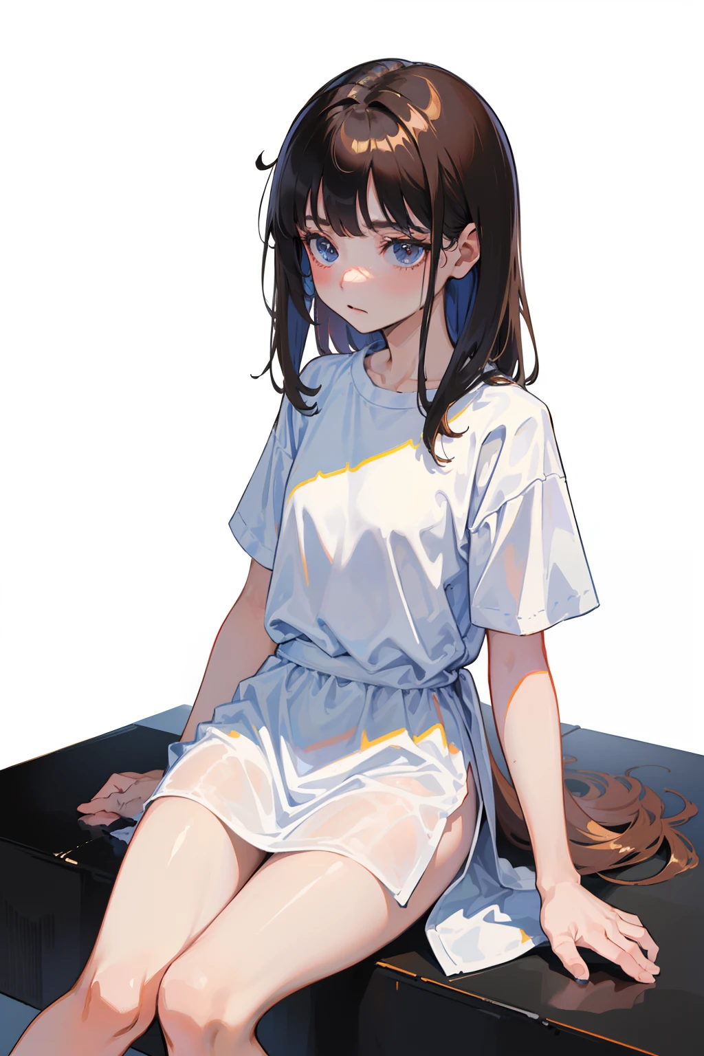 (masterpiece,Highest Quality),Knees,(Long T-shirt,Onepiece),Wet clothes,(simple background、White background:1.3),(( female child,child)),worried